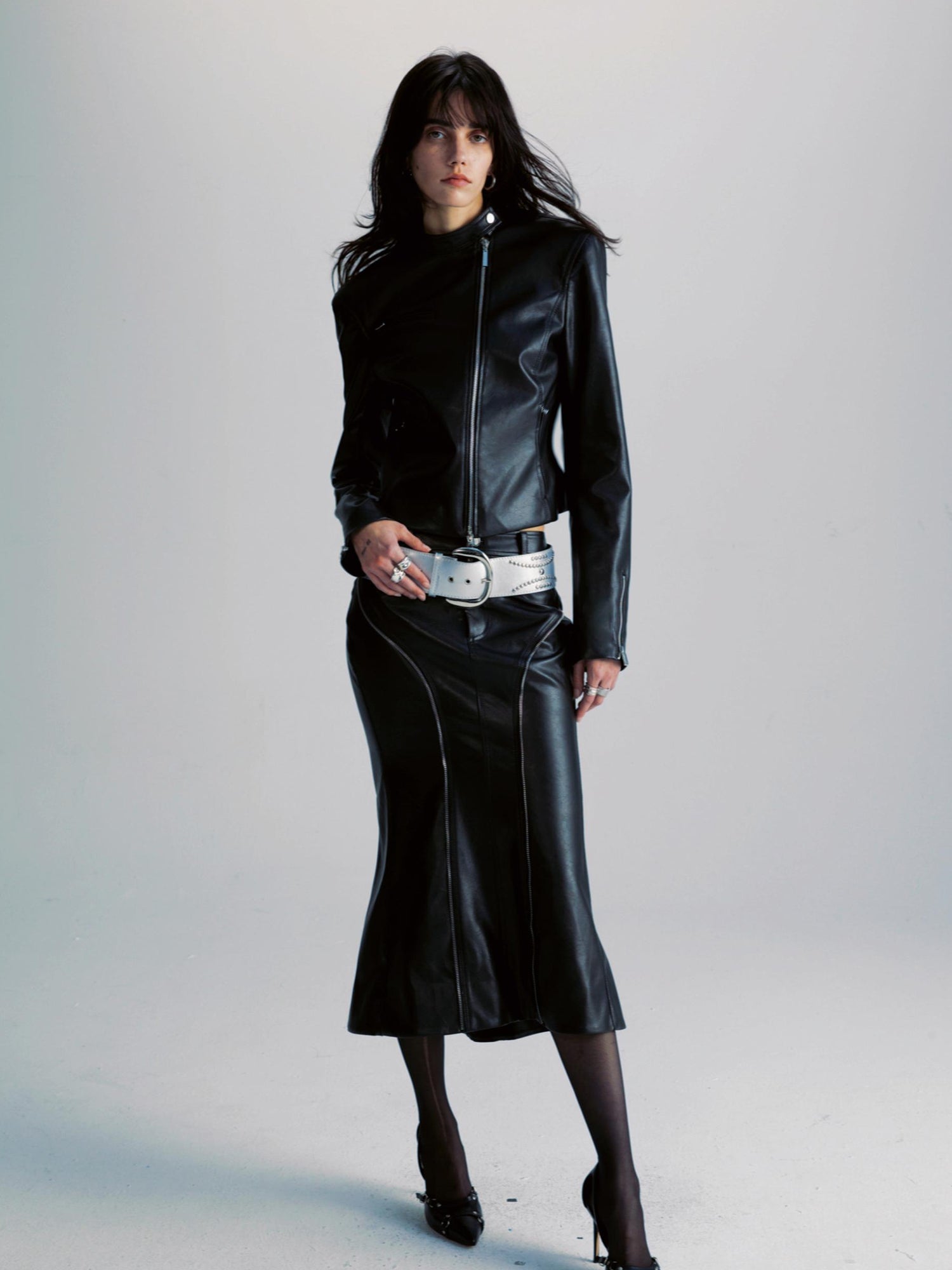 commonce net Pu Leather Mermaid Skirt With Zip Trim And Split Hem