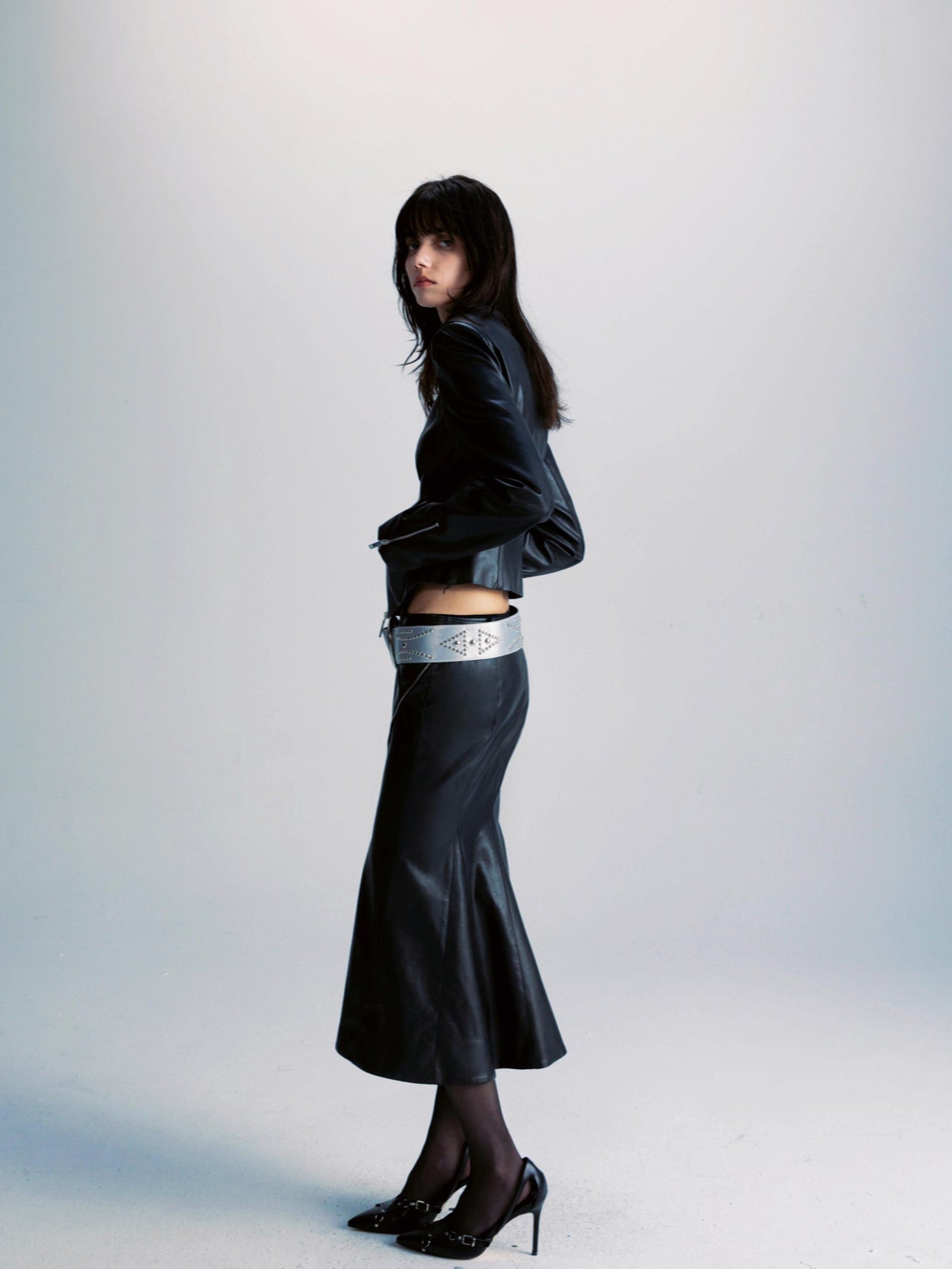 commonce net Pu Leather Mermaid Skirt With Zip Trim And Split Hem