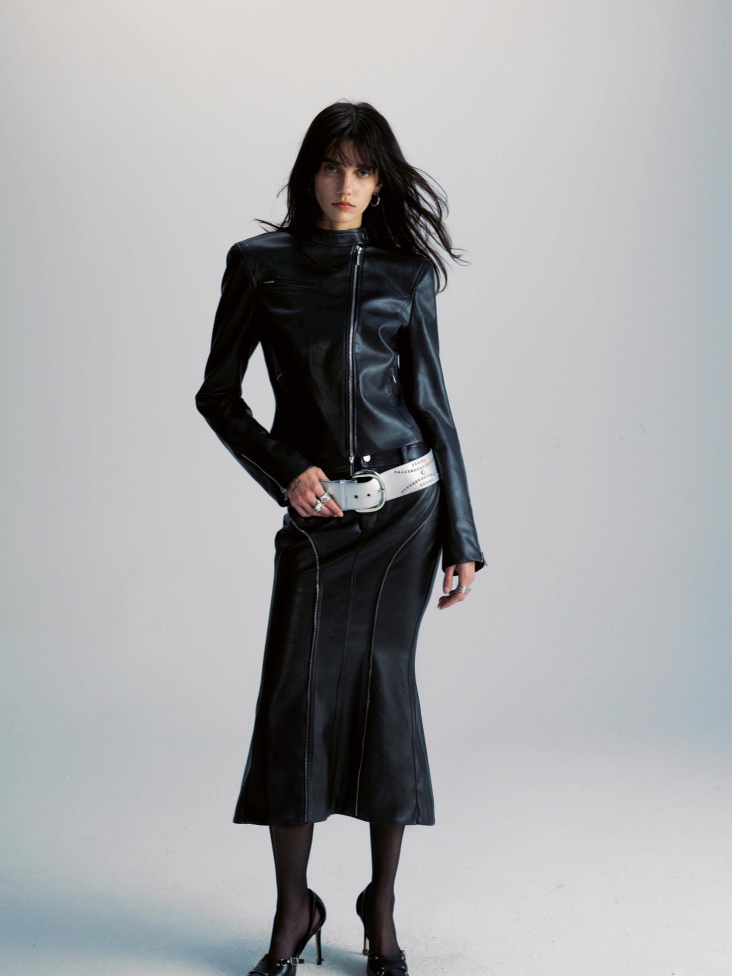 commonce net Pu Leather Mermaid Skirt With Zip Trim And Split Hem