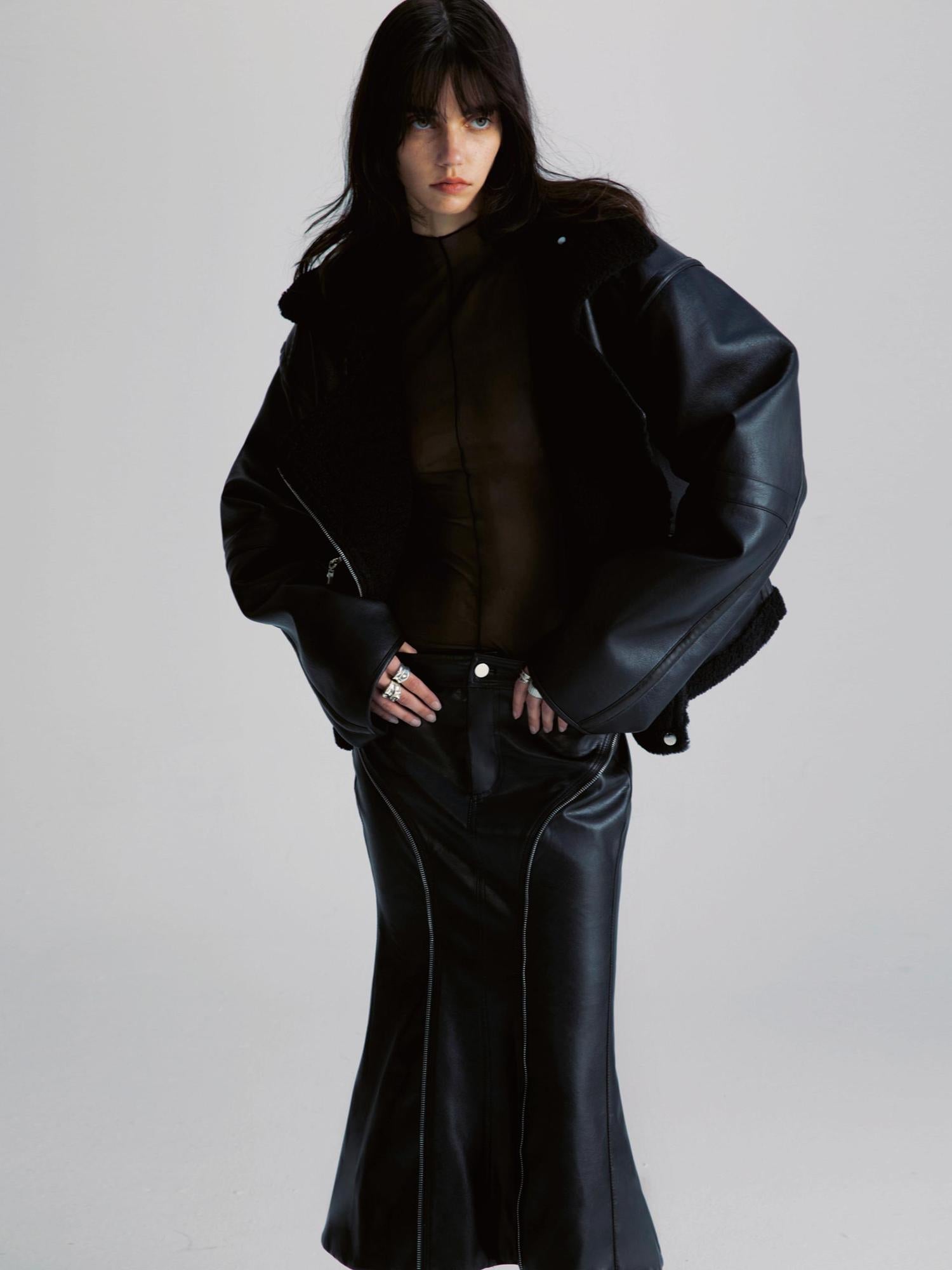 commonce net Pu Leather Reversible Biker Jacket With Diagonal Zipper