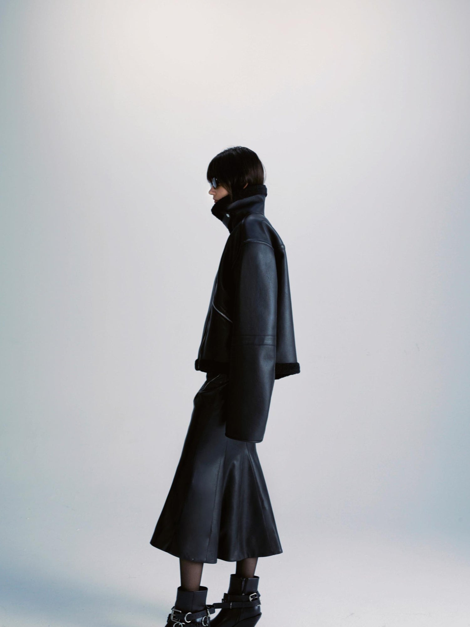 commonce net Pu Leather Reversible Biker Jacket With Diagonal Zipper