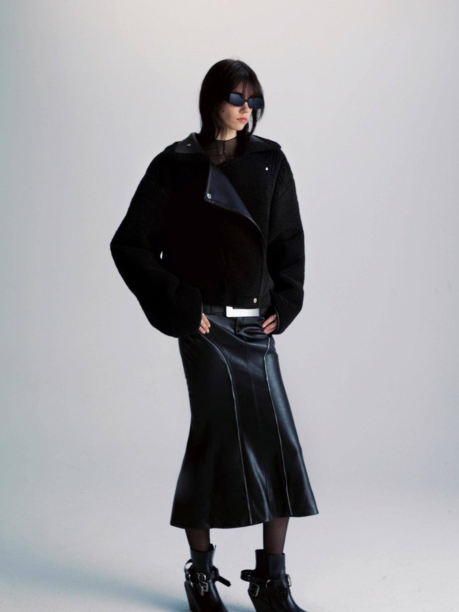 commonce net Pu Leather Reversible Biker Jacket With Diagonal Zipper