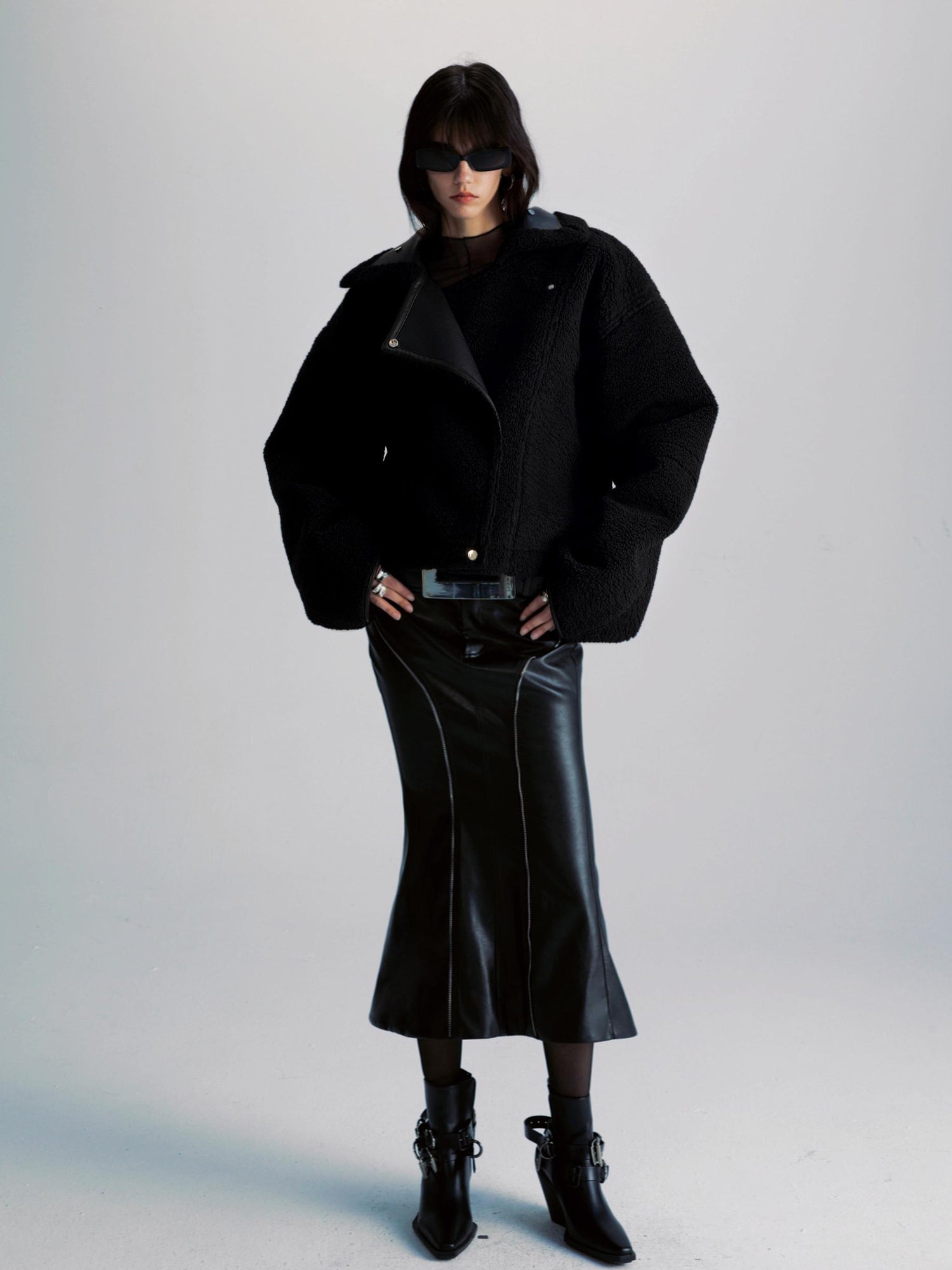 commonce net Pu Leather Reversible Biker Jacket With Diagonal Zipper