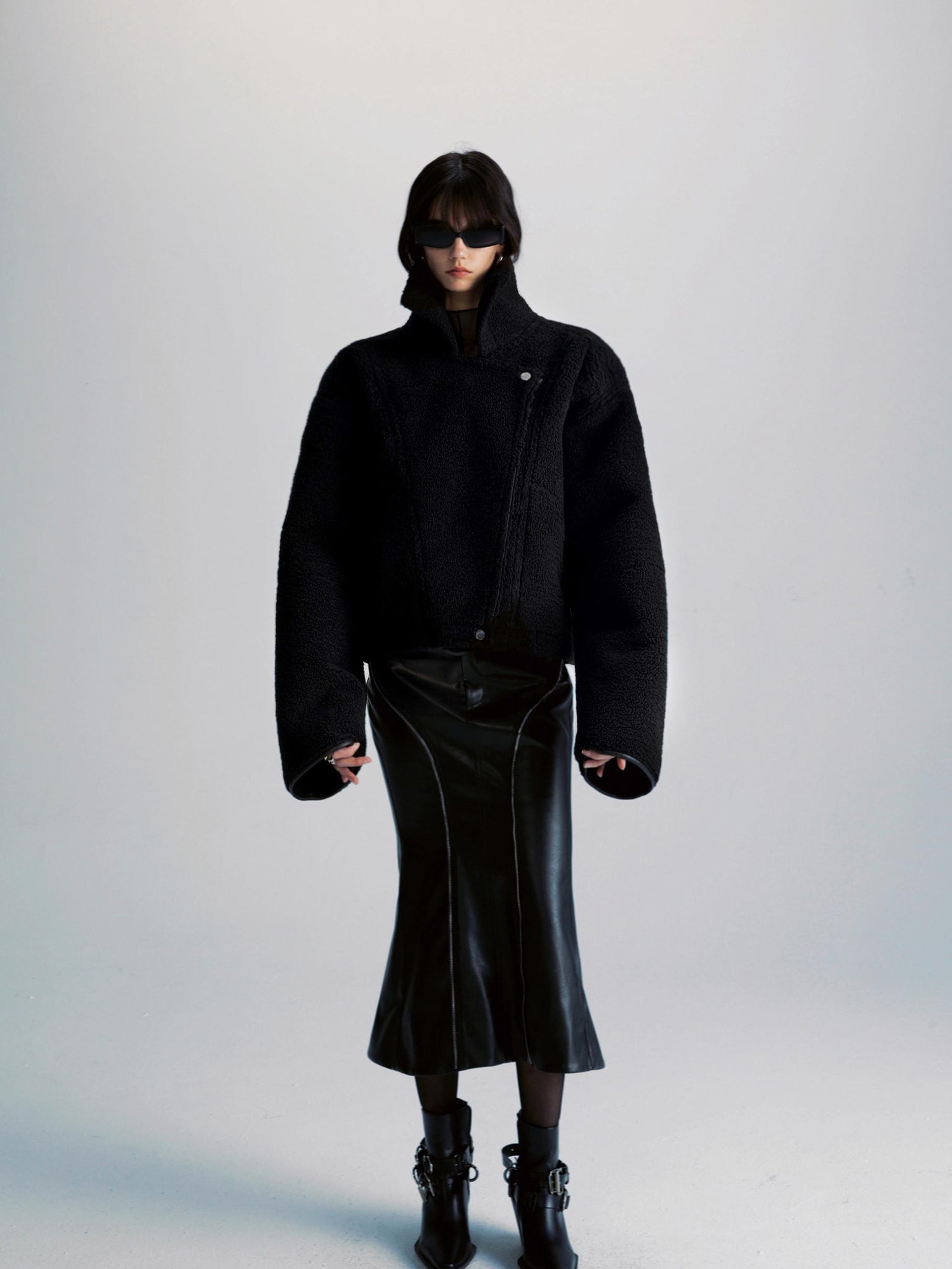 commonce net Pu Leather Reversible Biker Jacket With Diagonal Zipper