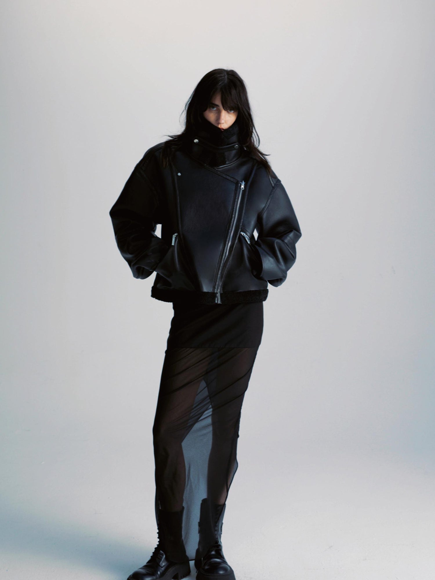 commonce net Pu Leather Reversible Biker Jacket With Diagonal Zipper