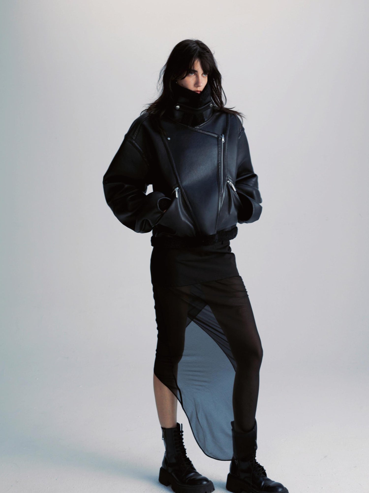 commonce net Pu Leather Reversible Biker Jacket With Diagonal Zipper