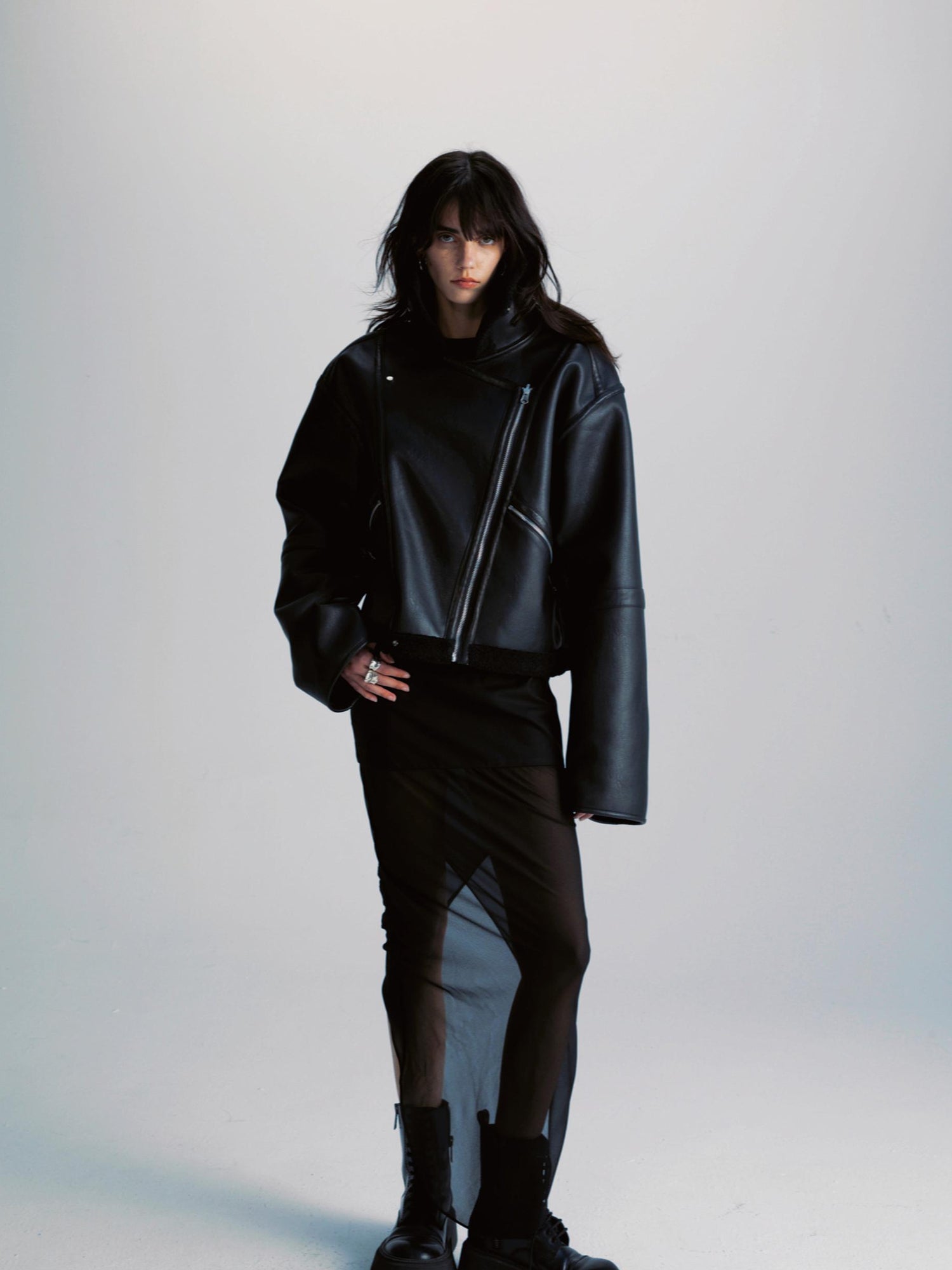 commonce net Pu Leather Reversible Biker Jacket With Diagonal Zipper