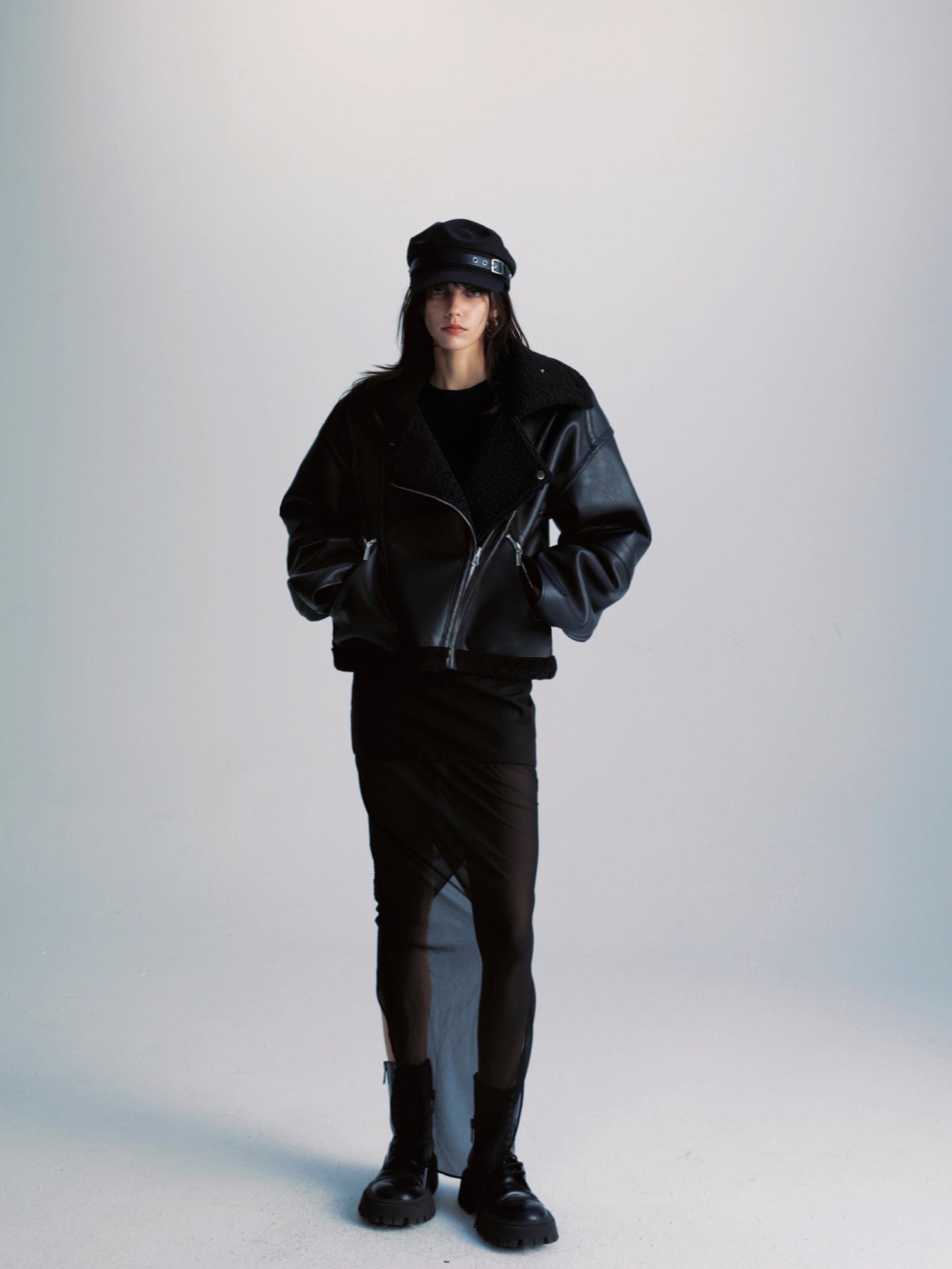 commonce net Pu Leather Reversible Biker Jacket With Diagonal Zipper