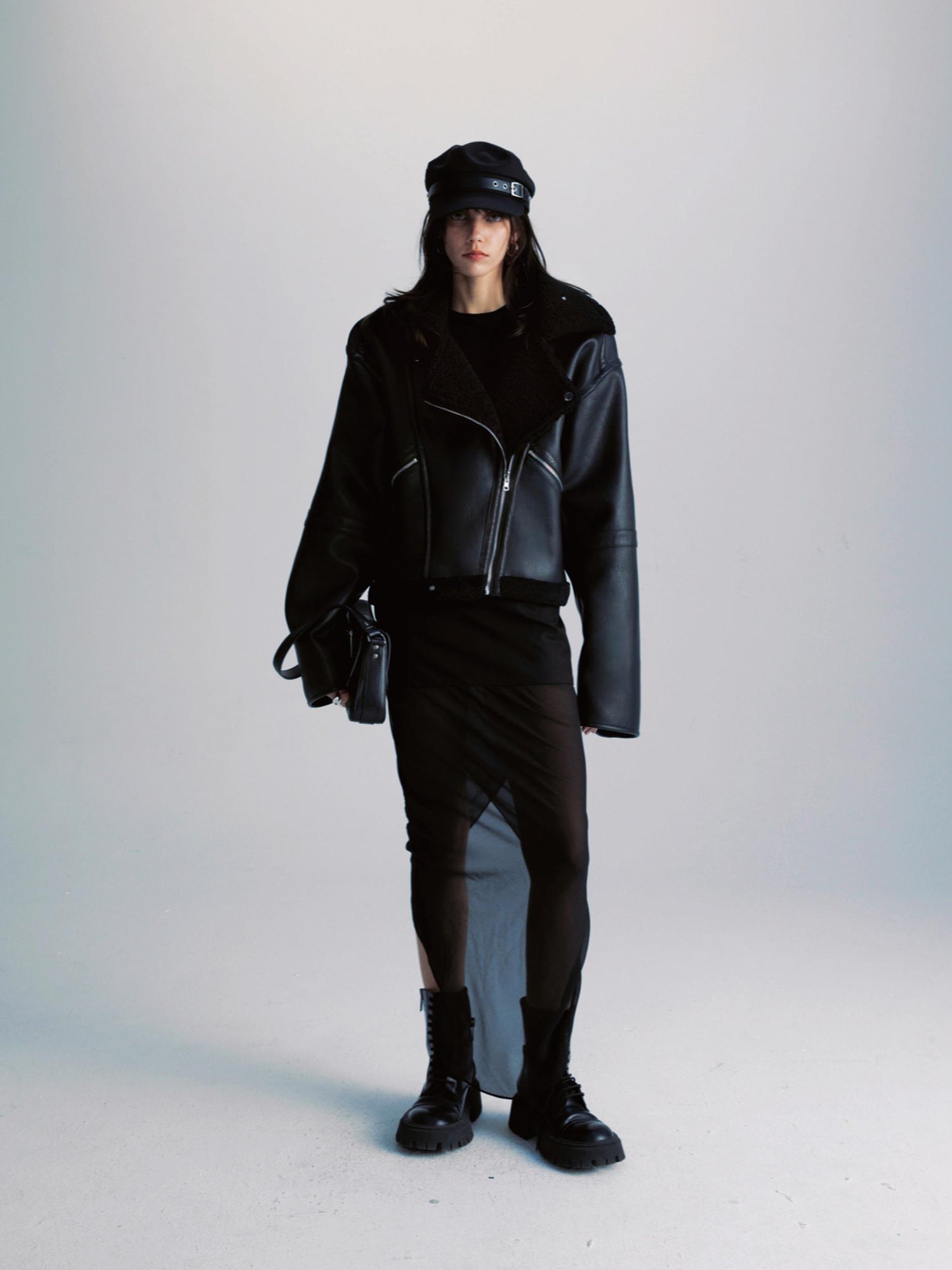 commonce net Pu Leather Reversible Biker Jacket With Diagonal Zipper