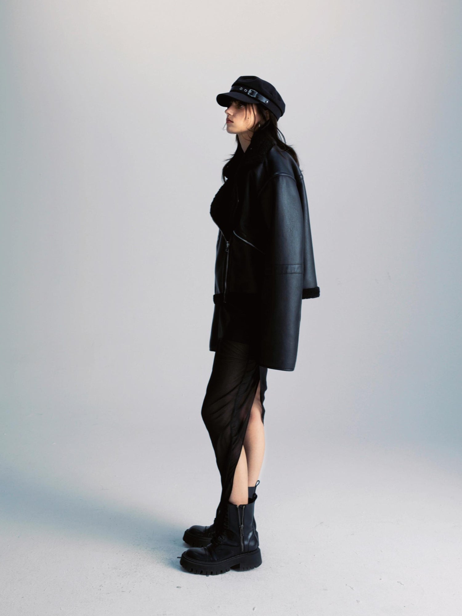 commonce net Pu Leather Reversible Biker Jacket With Diagonal Zipper