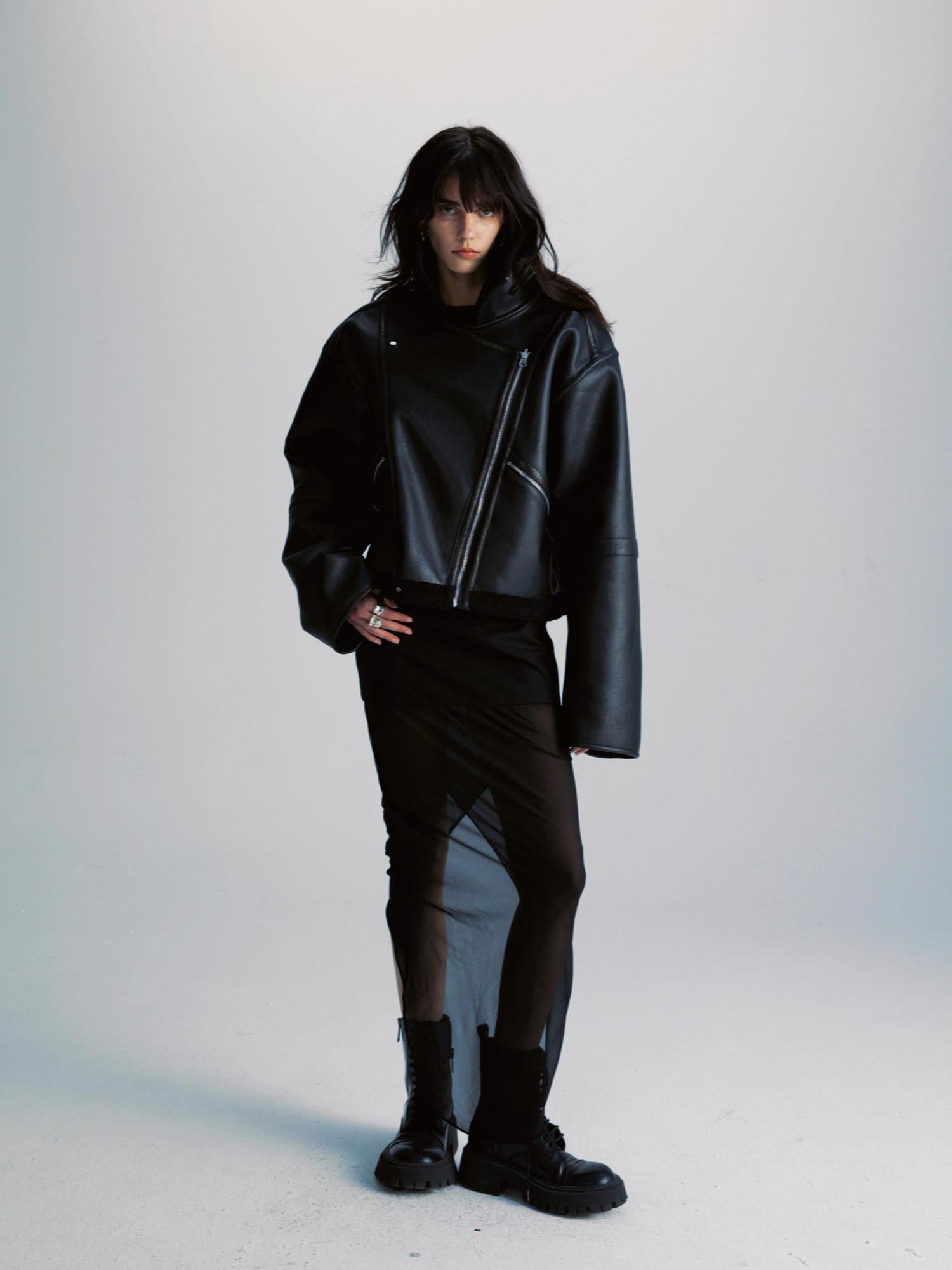 commonce net Pu Leather Reversible Biker Jacket With Diagonal Zipper