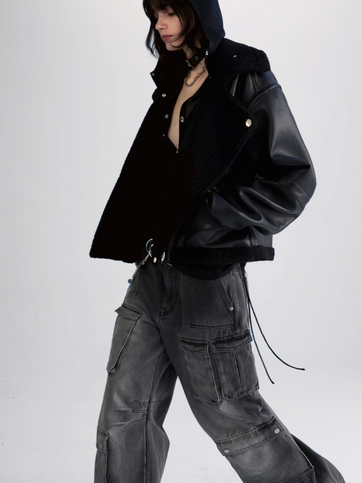 commonce net Pu Leather Reversible Biker Jacket With Diagonal Zipper