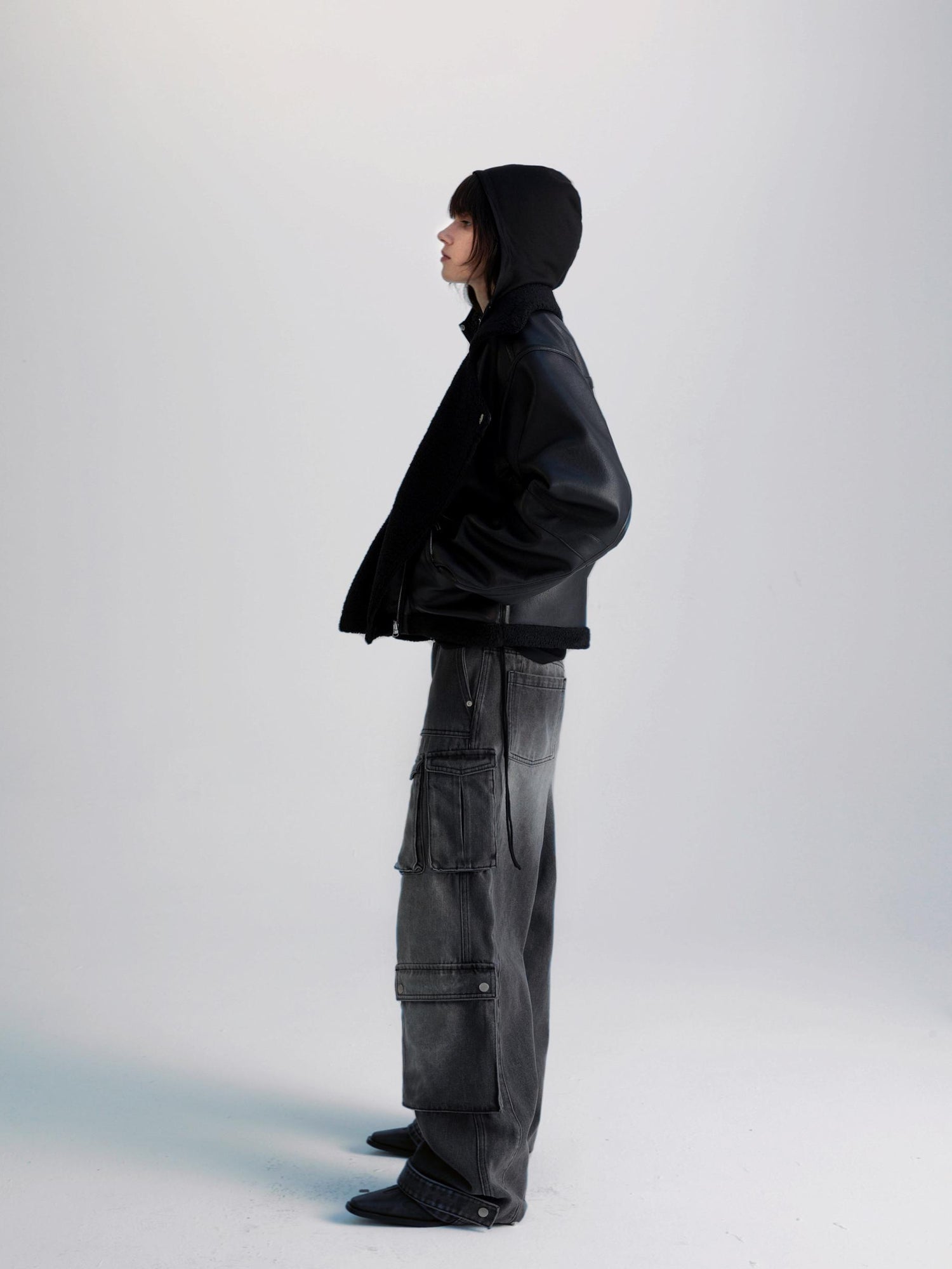 commonce net Pu Leather Reversible Biker Jacket With Diagonal Zipper