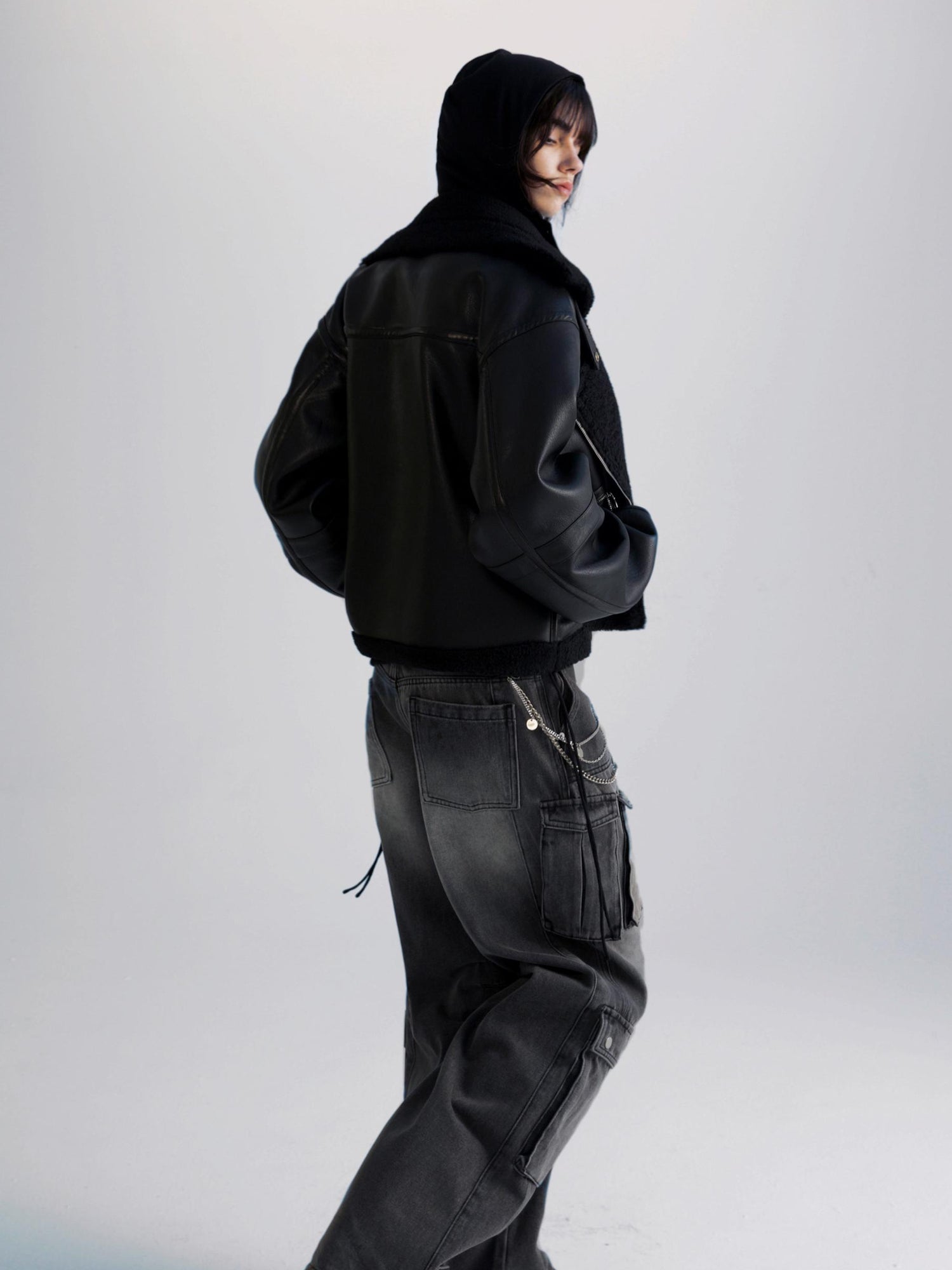 commonce net Pu Leather Reversible Biker Jacket With Diagonal Zipper