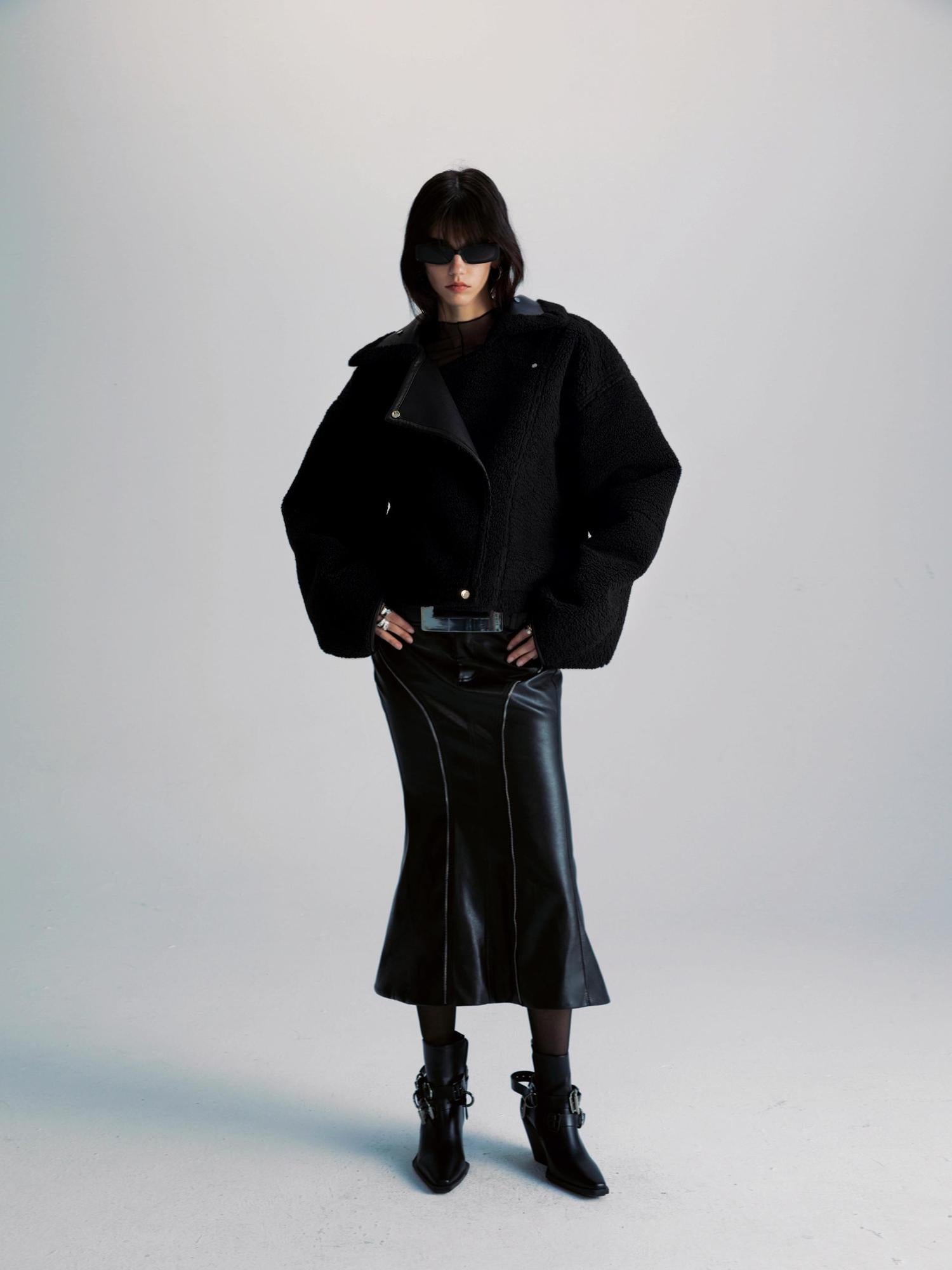 commonce net Pu Leather Reversible Biker Jacket With Diagonal Zipper