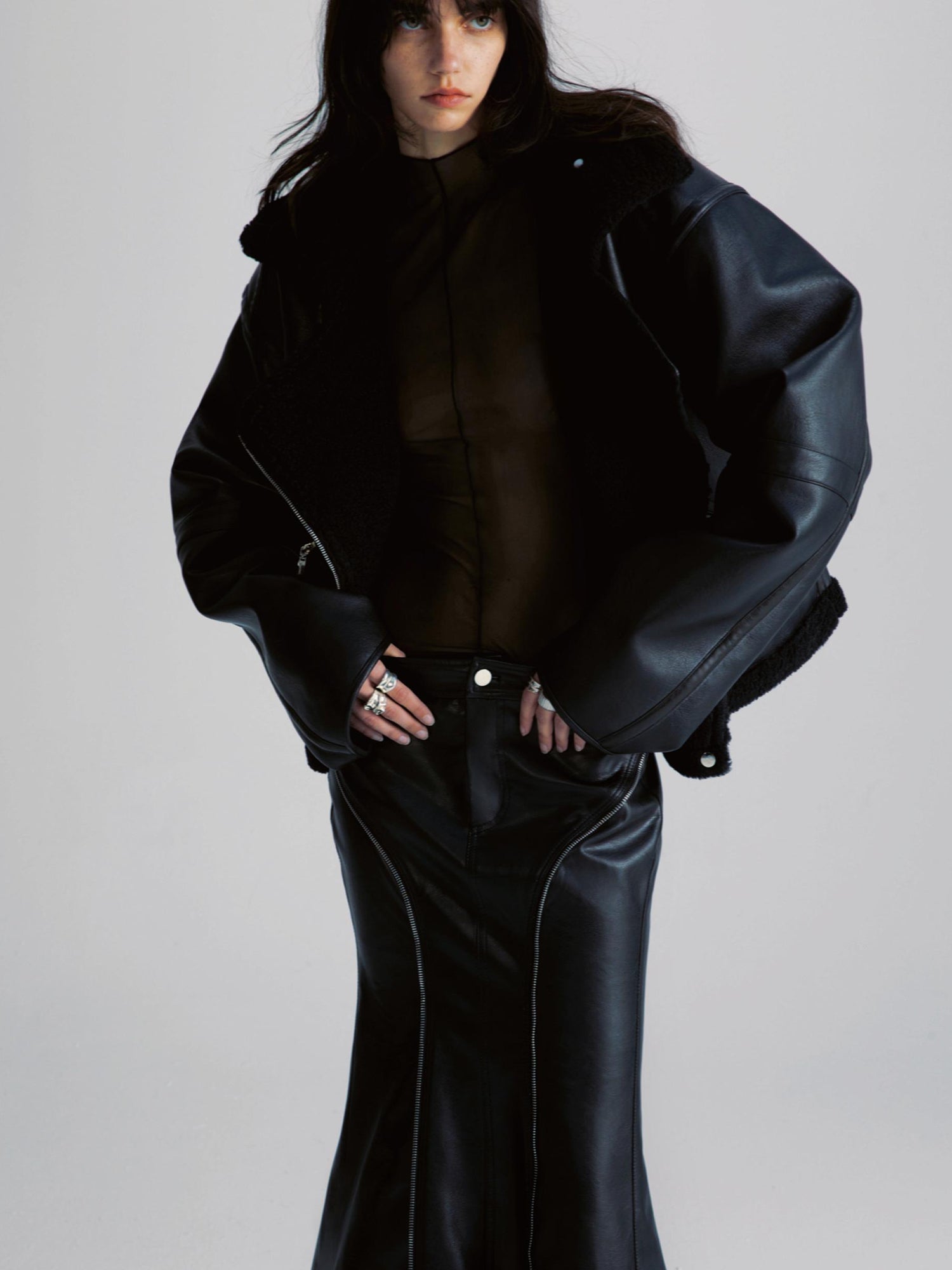 commonce net Pu Leather Reversible Biker Jacket With Diagonal Zipper