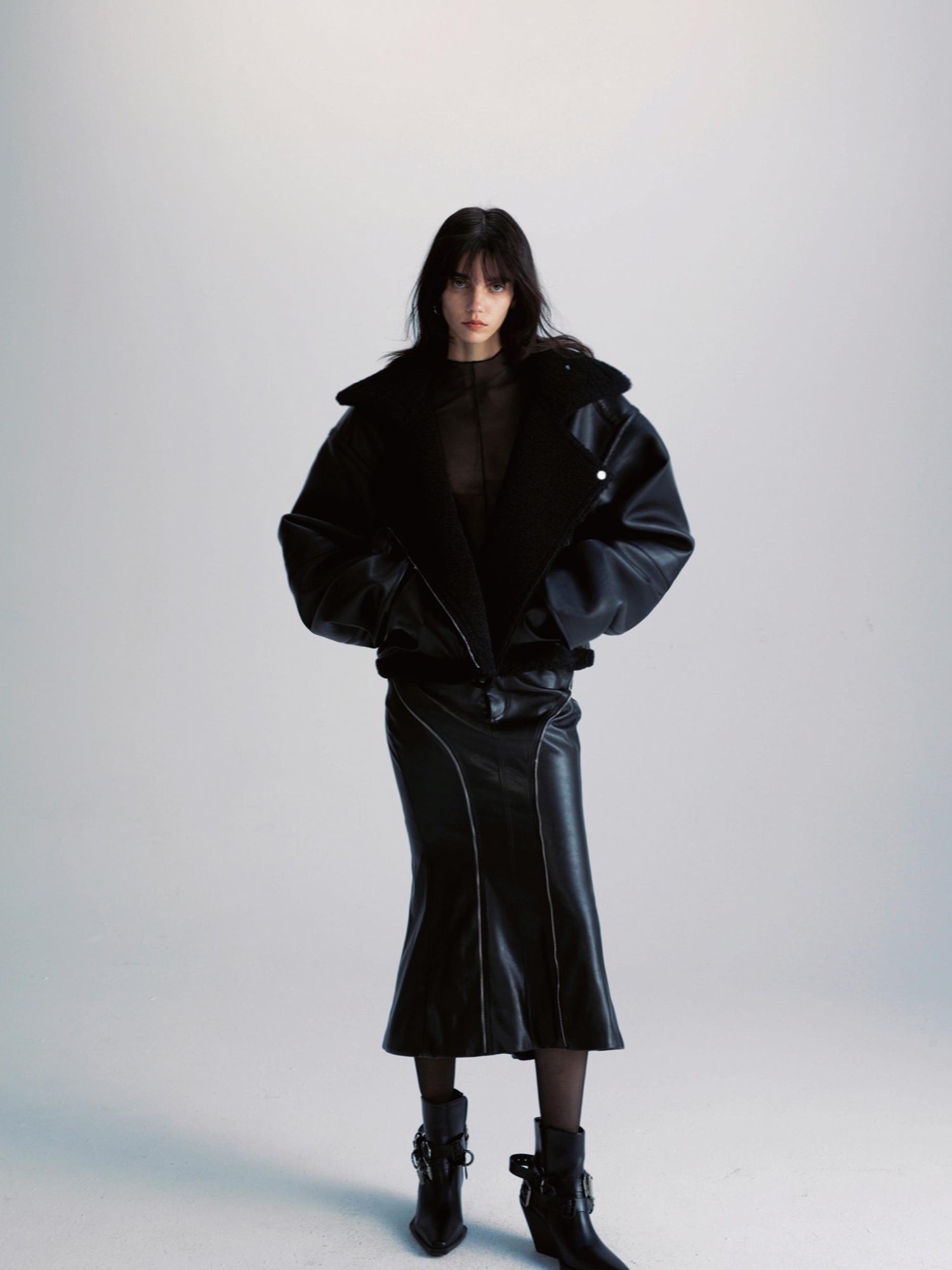 commonce net Pu Leather Reversible Biker Jacket With Diagonal Zipper