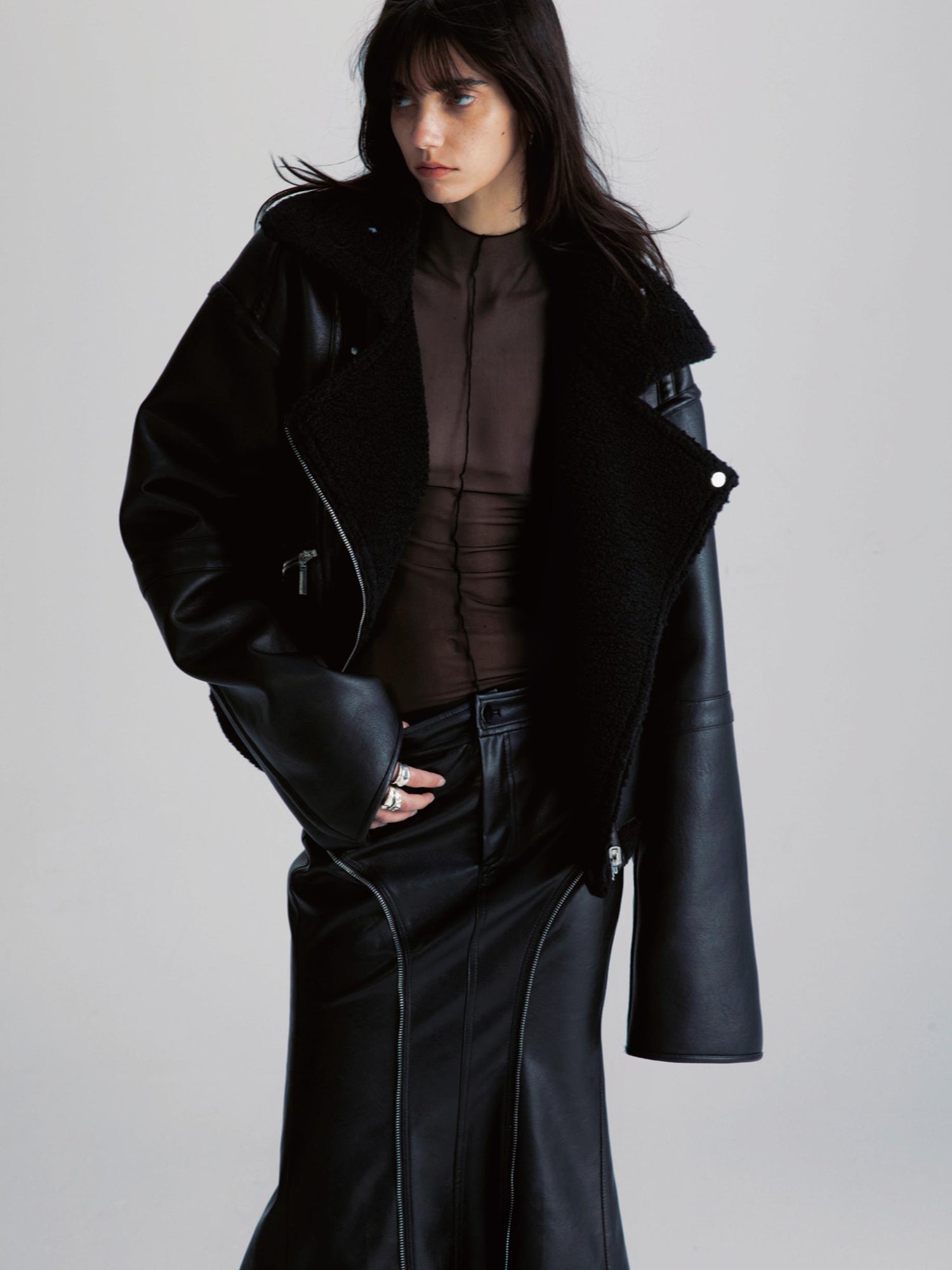 commonce net Pu Leather Reversible Biker Jacket With Diagonal Zipper