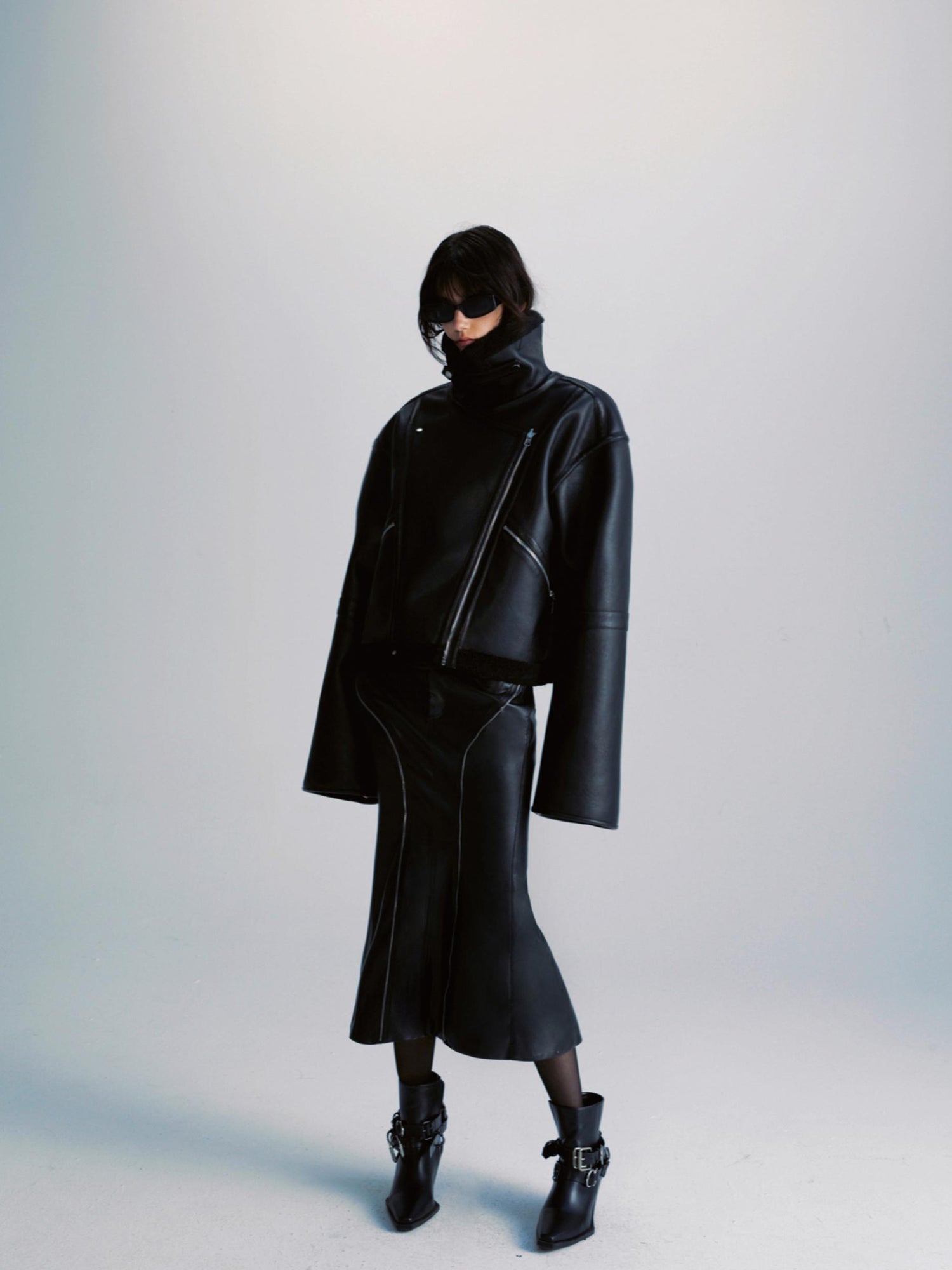 commonce net Pu Leather Reversible Biker Jacket With Diagonal Zipper