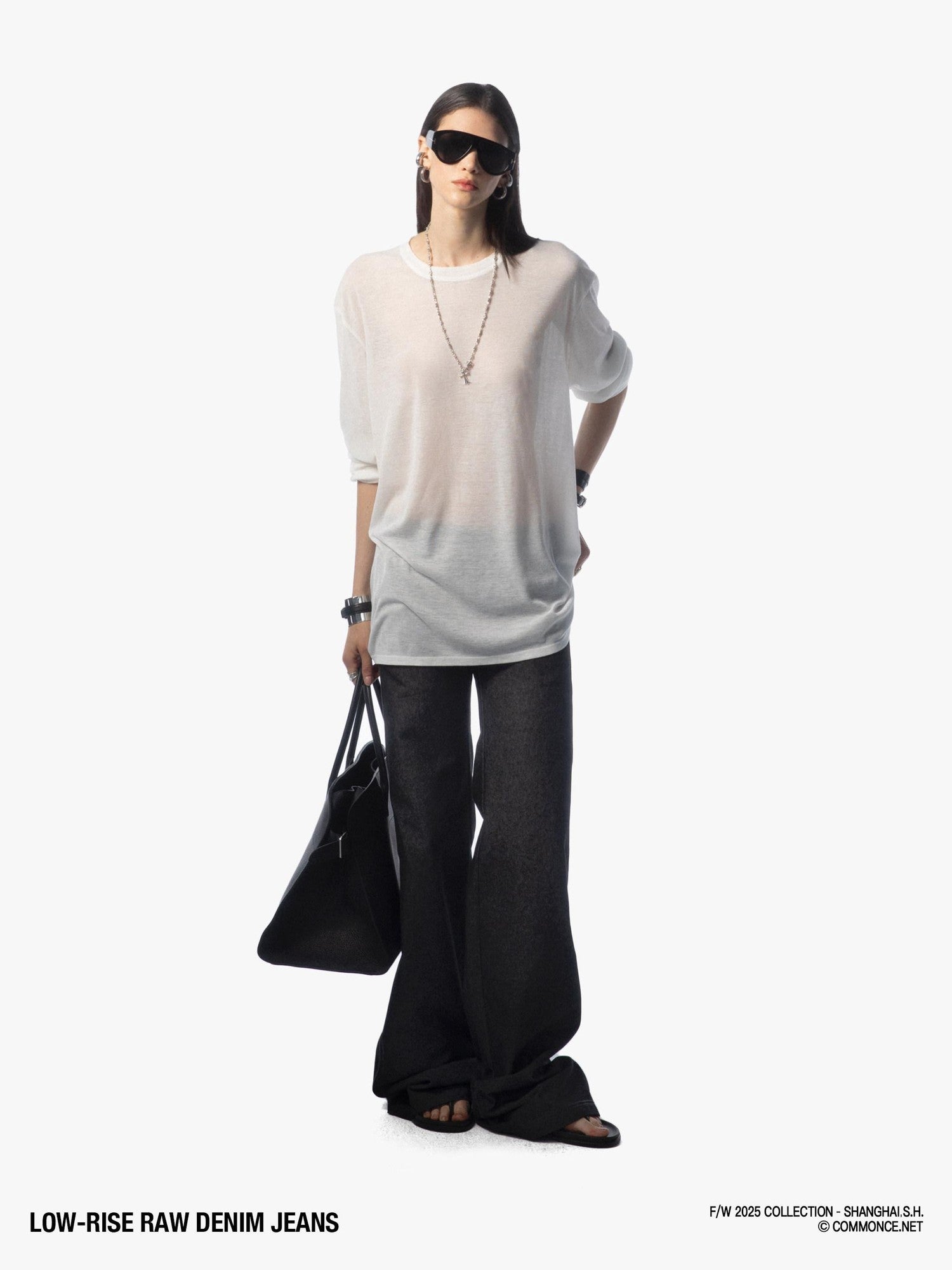 commonce net Raw Denim Elastic Waist Straight Leg Androgynous Women&