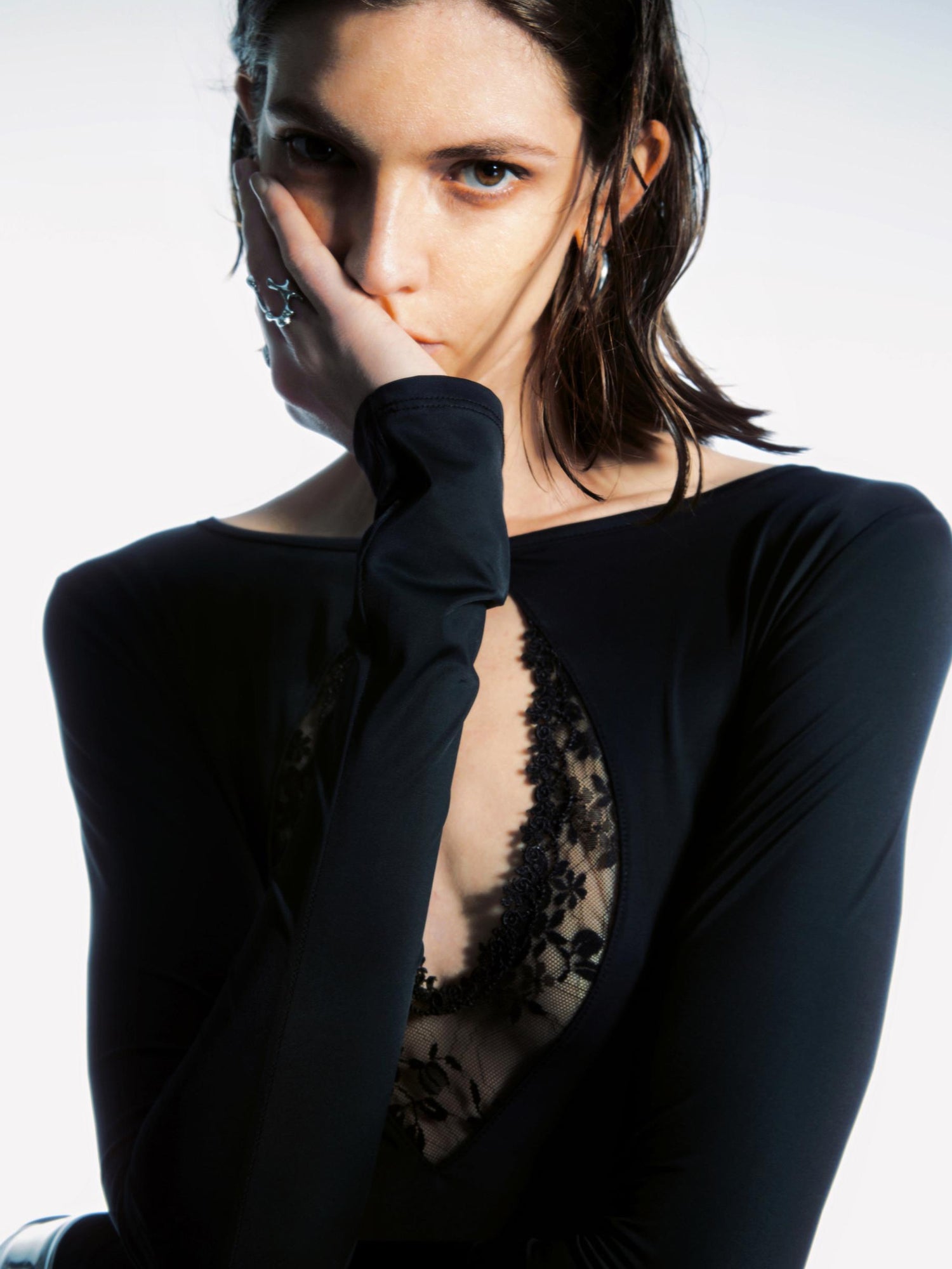 commonce net Reversible Lace Panel Bodysuit V-neck T-shirt Long Sleeve