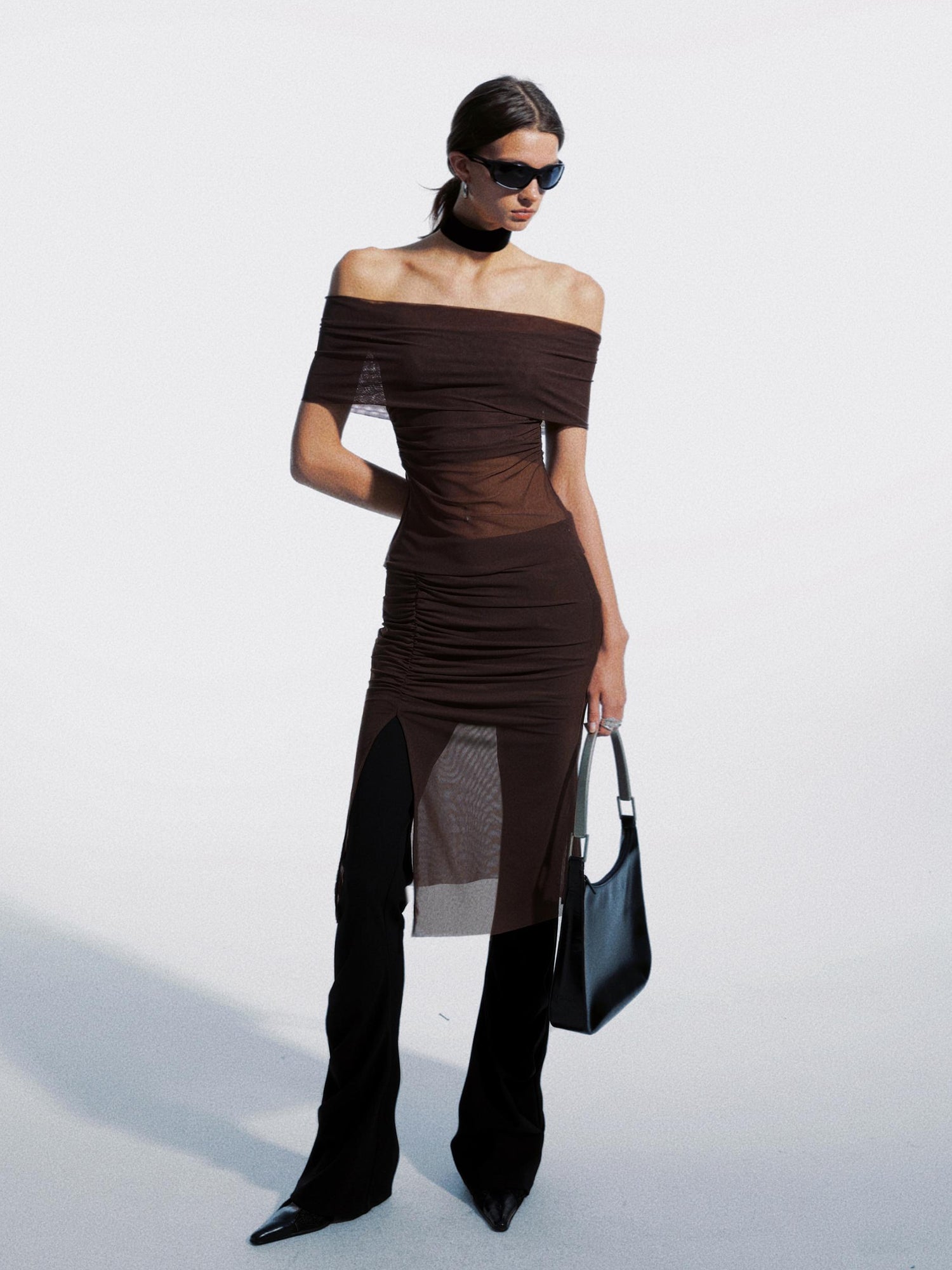 commonce net Ruched Mesh Off Shoulder Top And Mermaid Hem Skirt Set