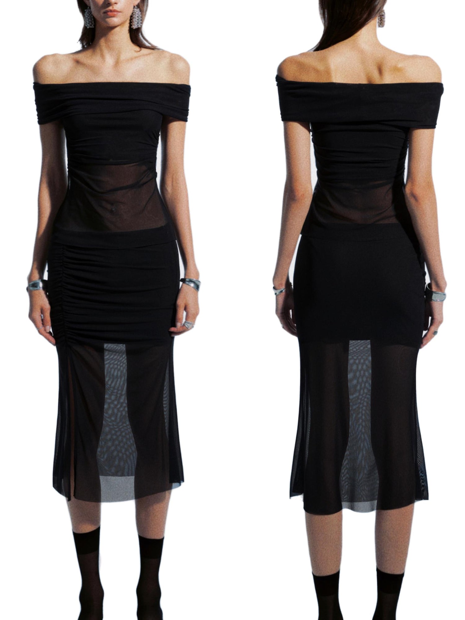 commonce net Ruched Mesh Off Shoulder Top And Mermaid Hem Skirt Set