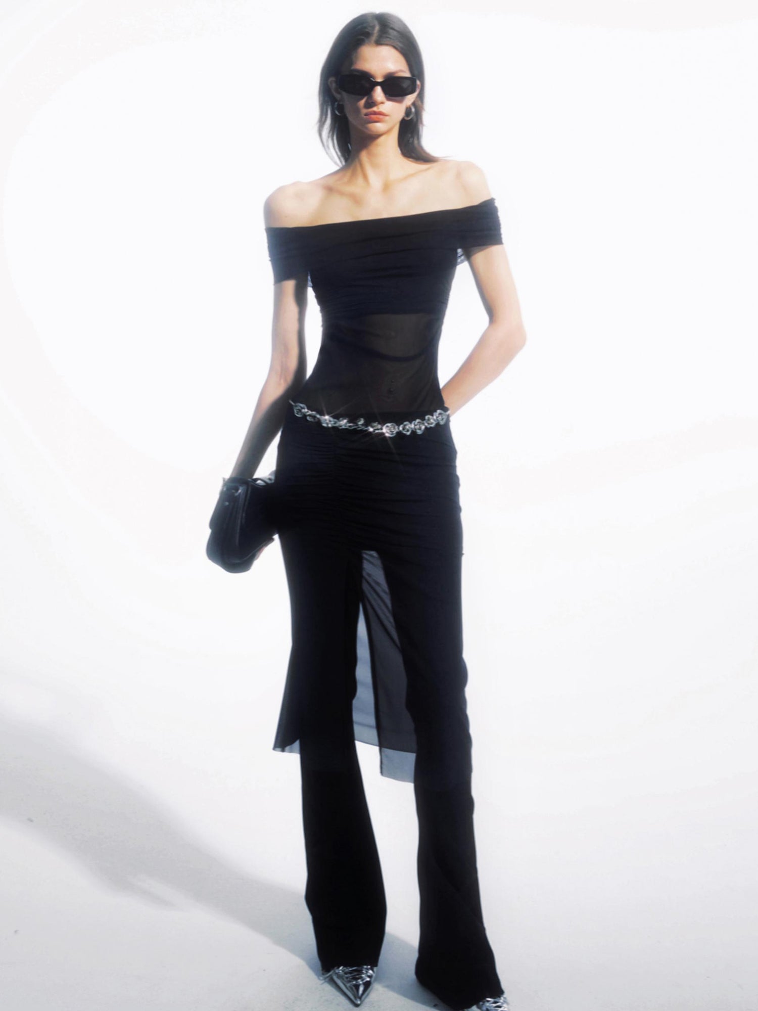 commonce net Ruched Mesh Off Shoulder Top And Mermaid Hem Skirt Set