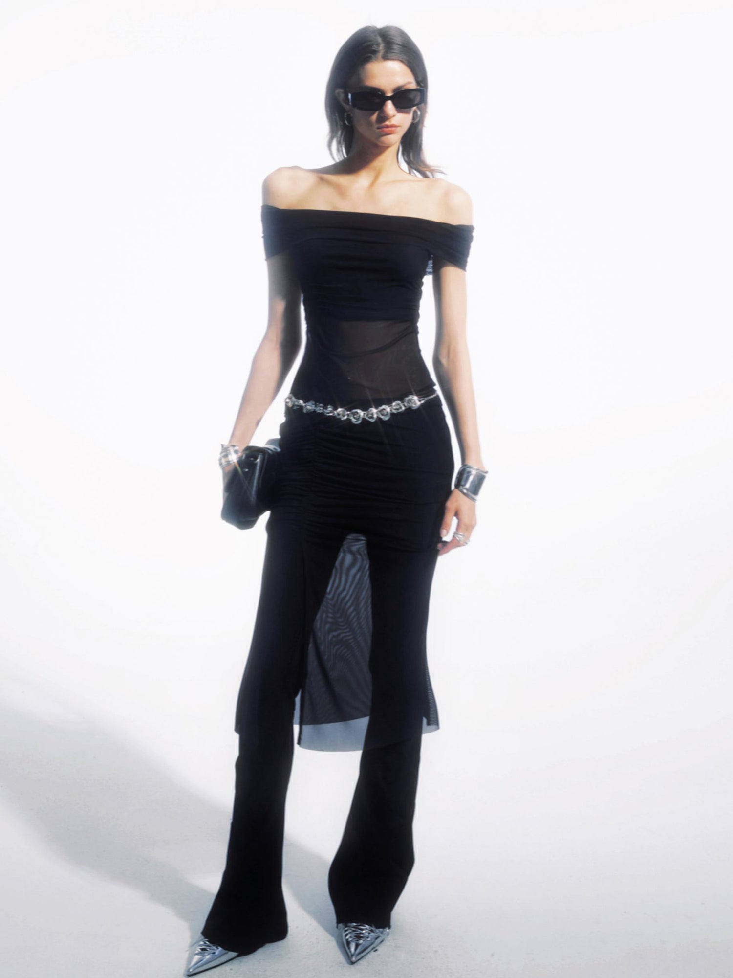 commonce net Ruched Mesh Off Shoulder Top And Mermaid Hem Skirt Set