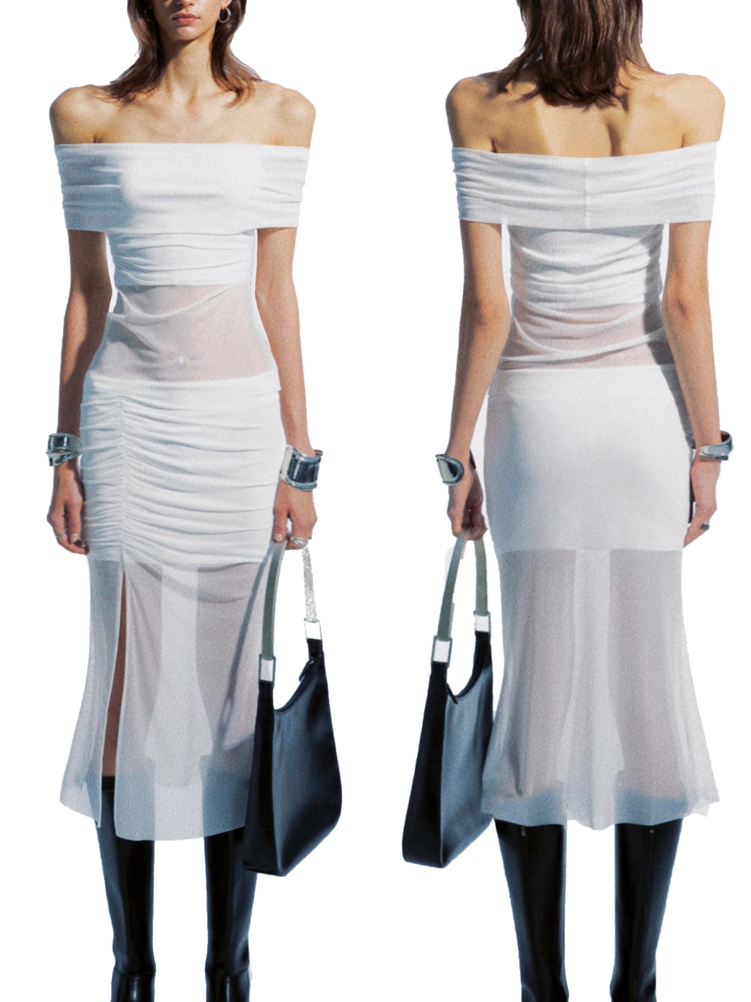 commonce net Ruched Mesh Off Shoulder Top And Mermaid Hem Skirt Set