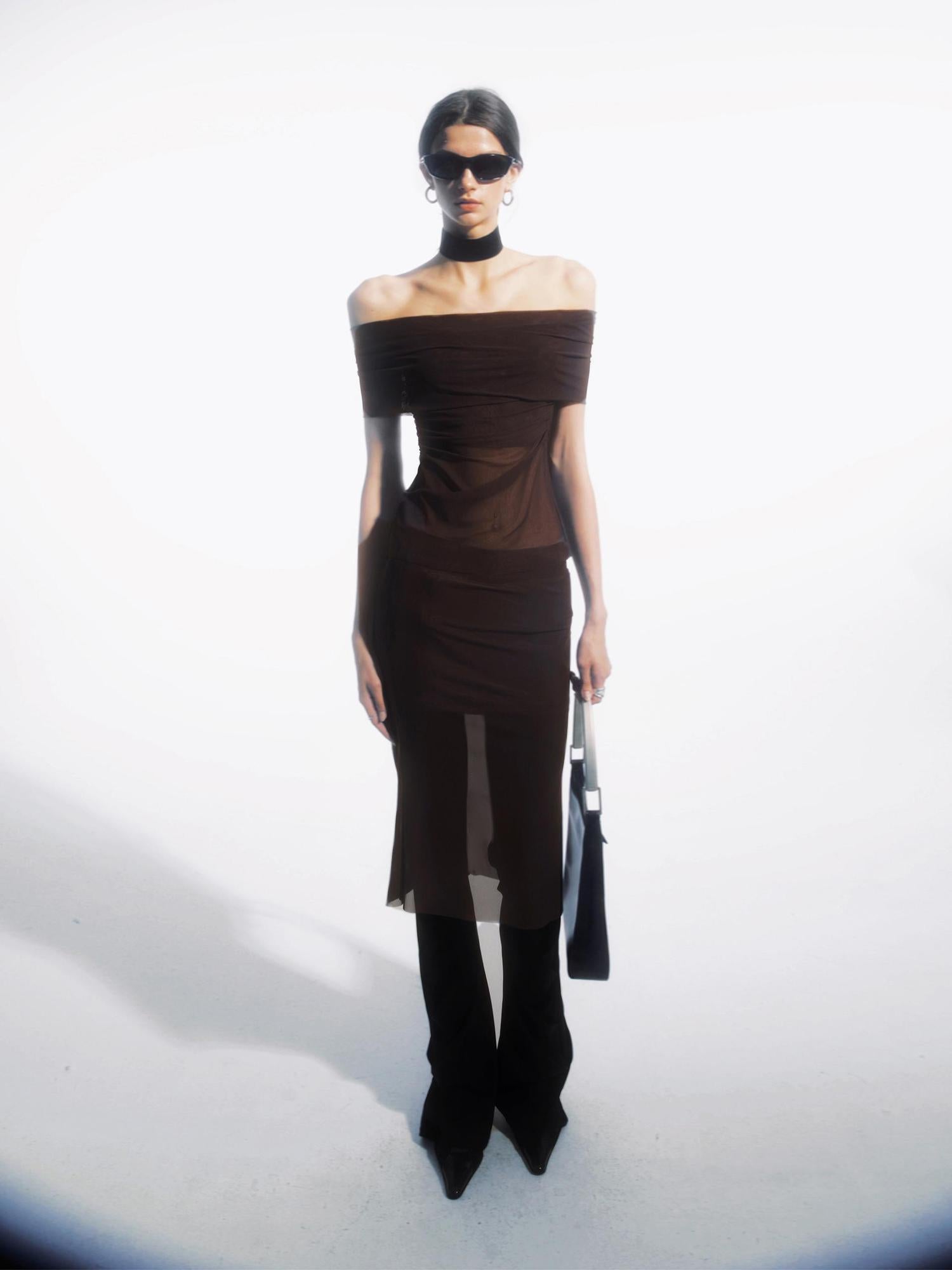 commonce net Ruched Mesh Off Shoulder Top And Mermaid Hem Skirt Set