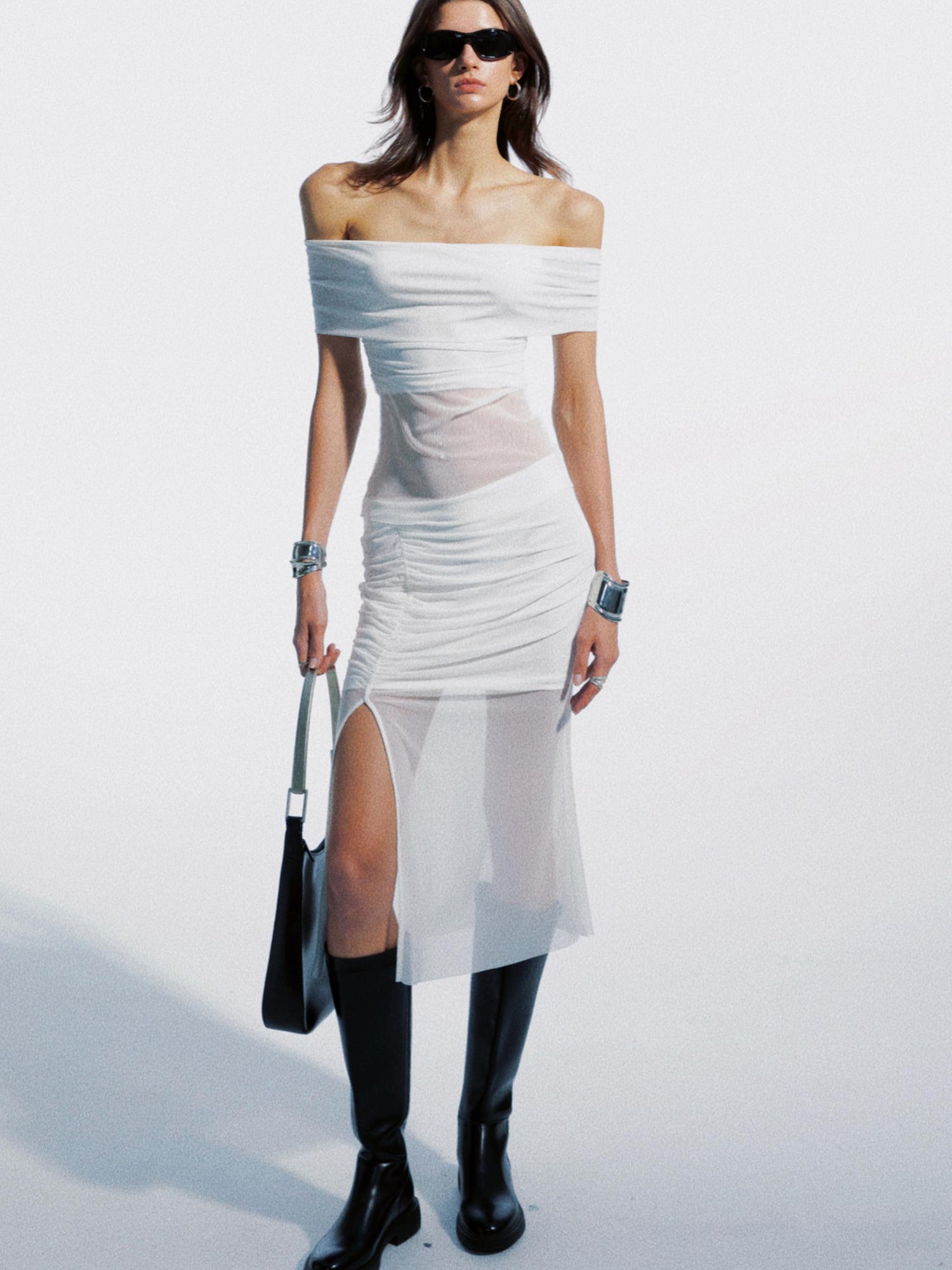 commonce net Ruched Mesh Off Shoulder Top And Mermaid Hem Skirt Set