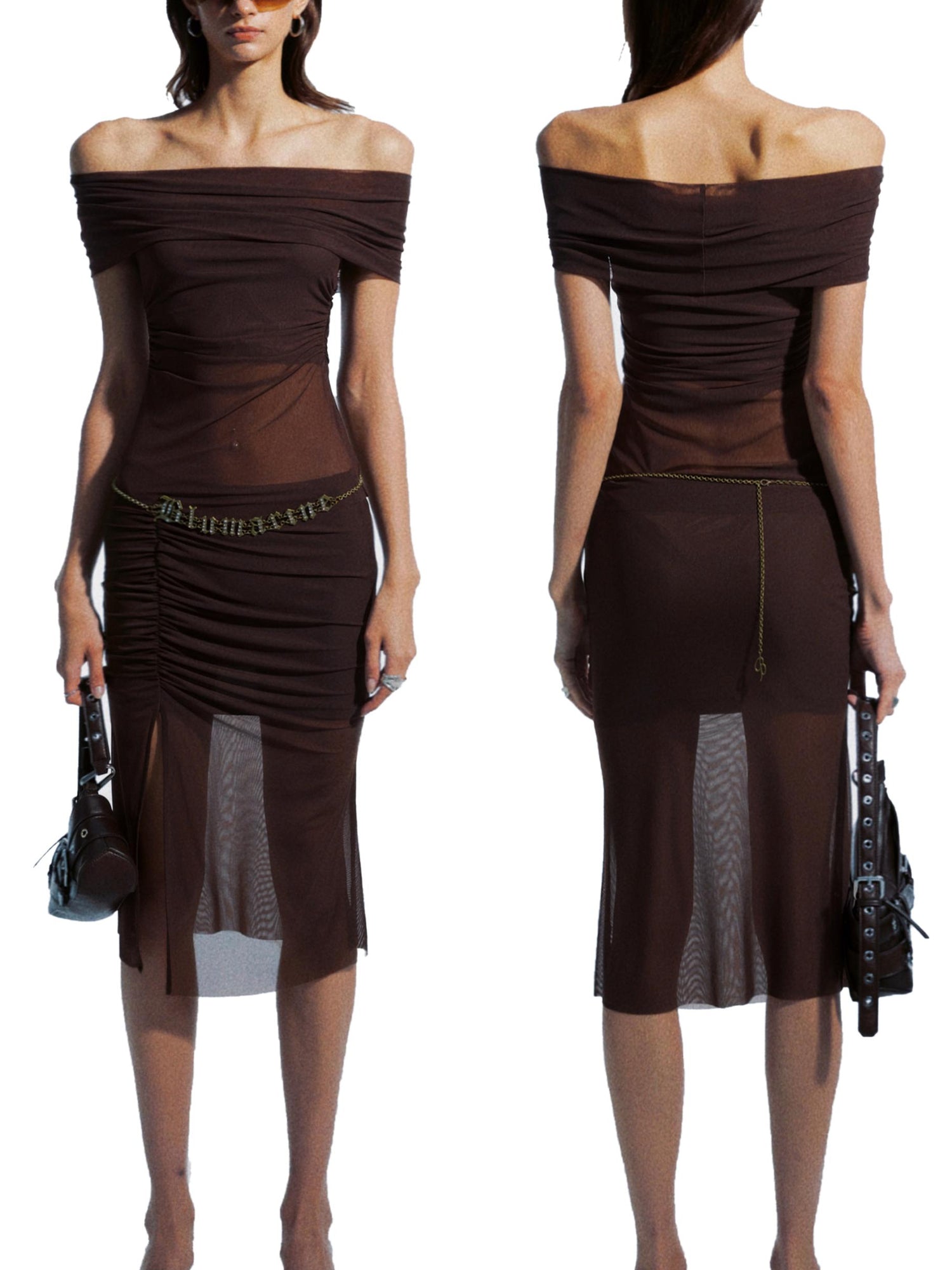 commonce net Ruched Mesh Off Shoulder Top And Mermaid Hem Skirt Set