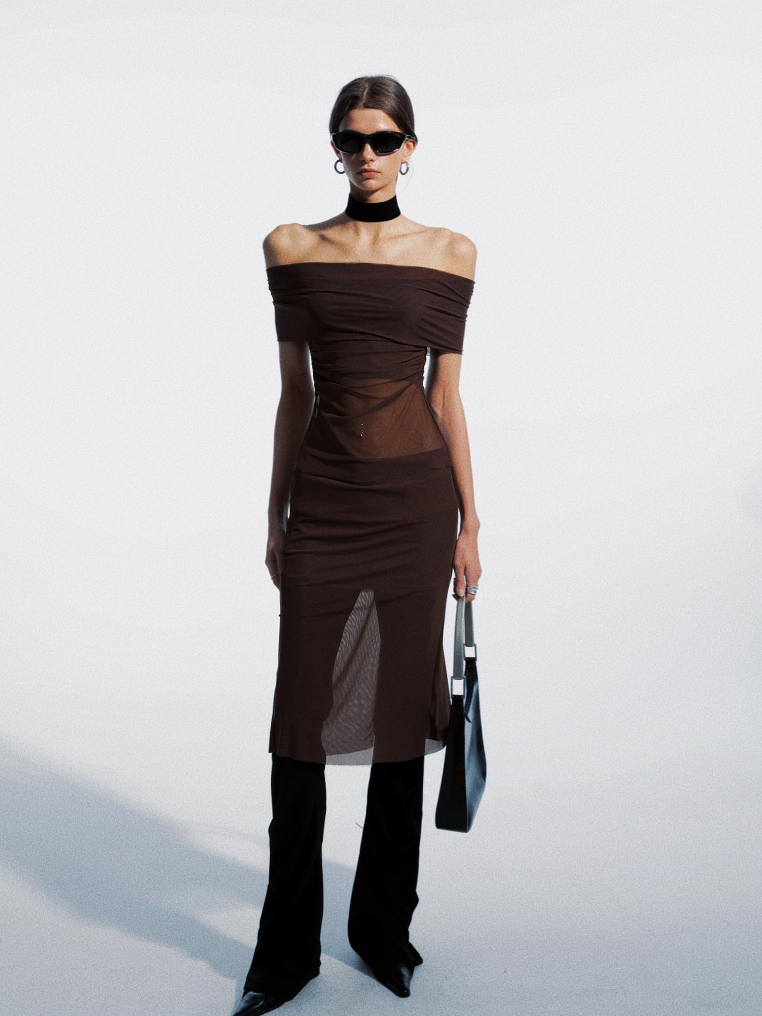 commonce net Ruched Mesh Off Shoulder Top And Mermaid Hem Skirt Set