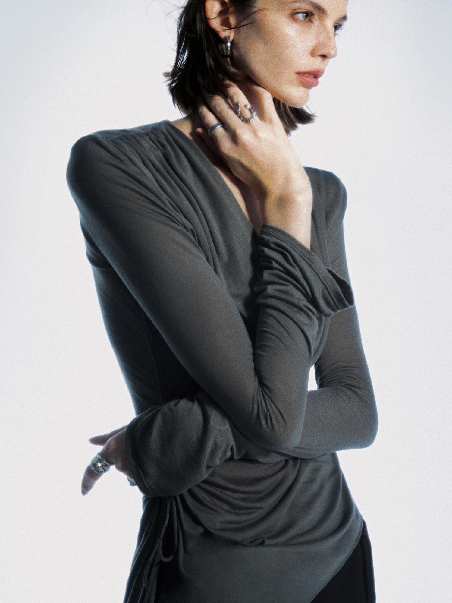 Ruched V-Neck Long Sleeve Tee