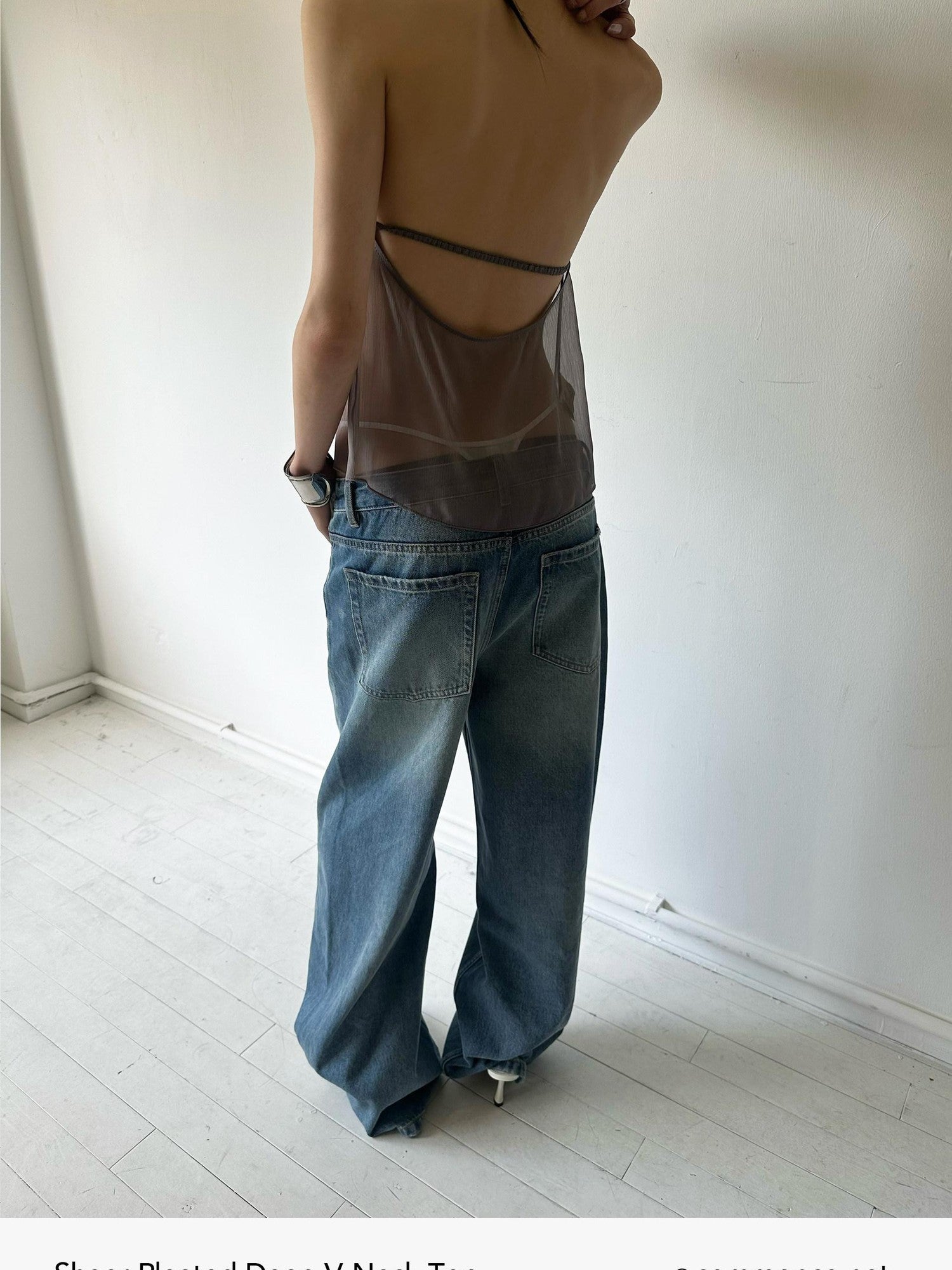 commonce net Semi Sheer Ruched Deep V Bandeau Loose Fit Women&