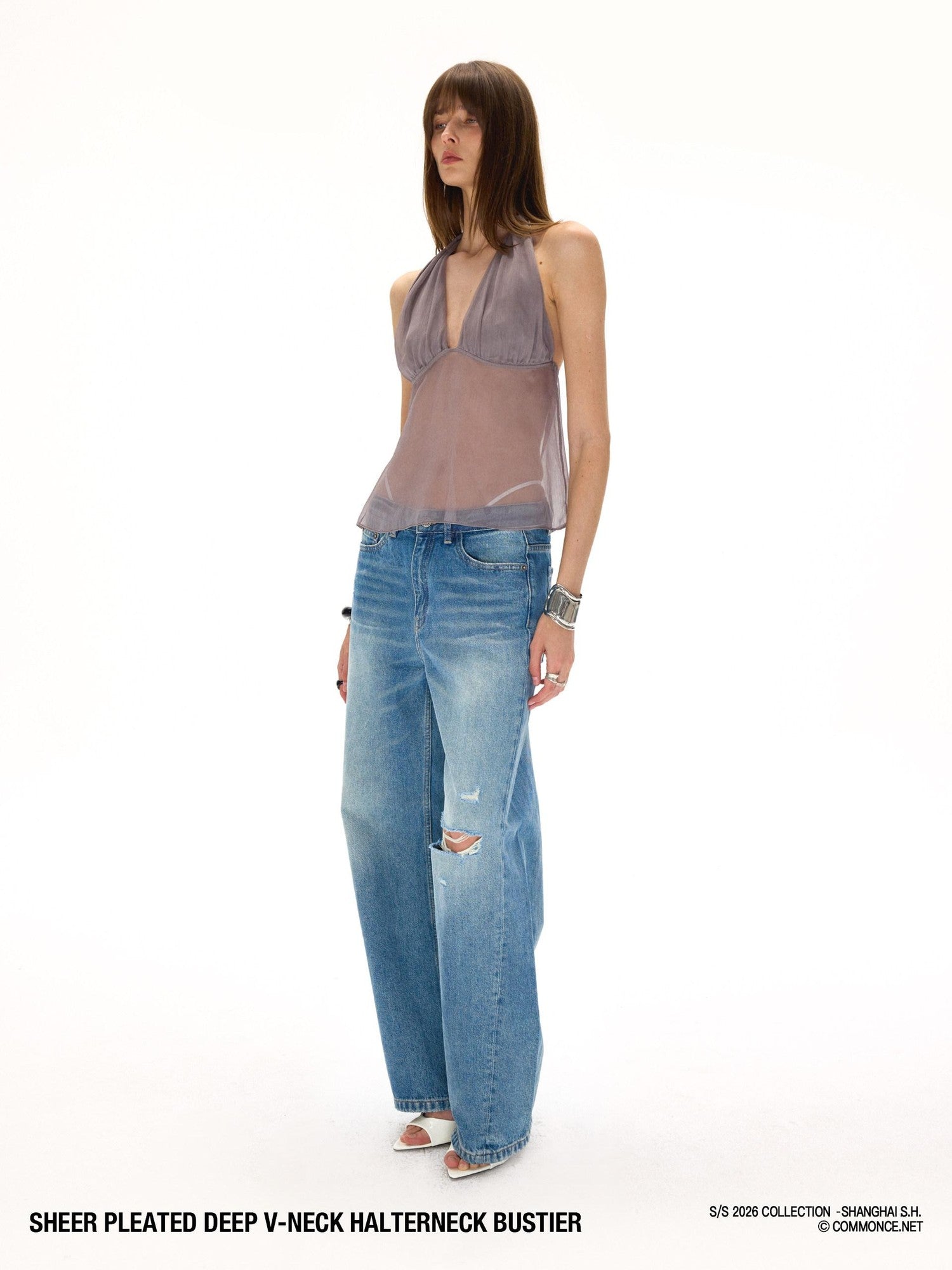 commonce net Semi Sheer Ruched Deep V Bandeau Loose Fit Women&