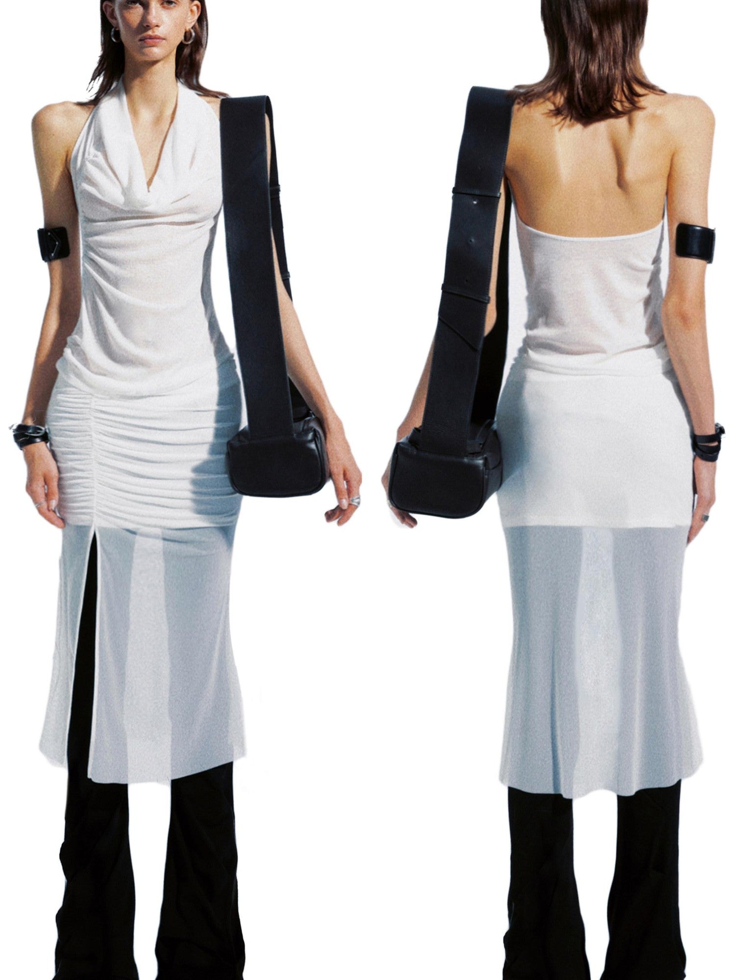 commonce net Sheer Asymmetrical Hem Drawstring Ruched Draped Women&