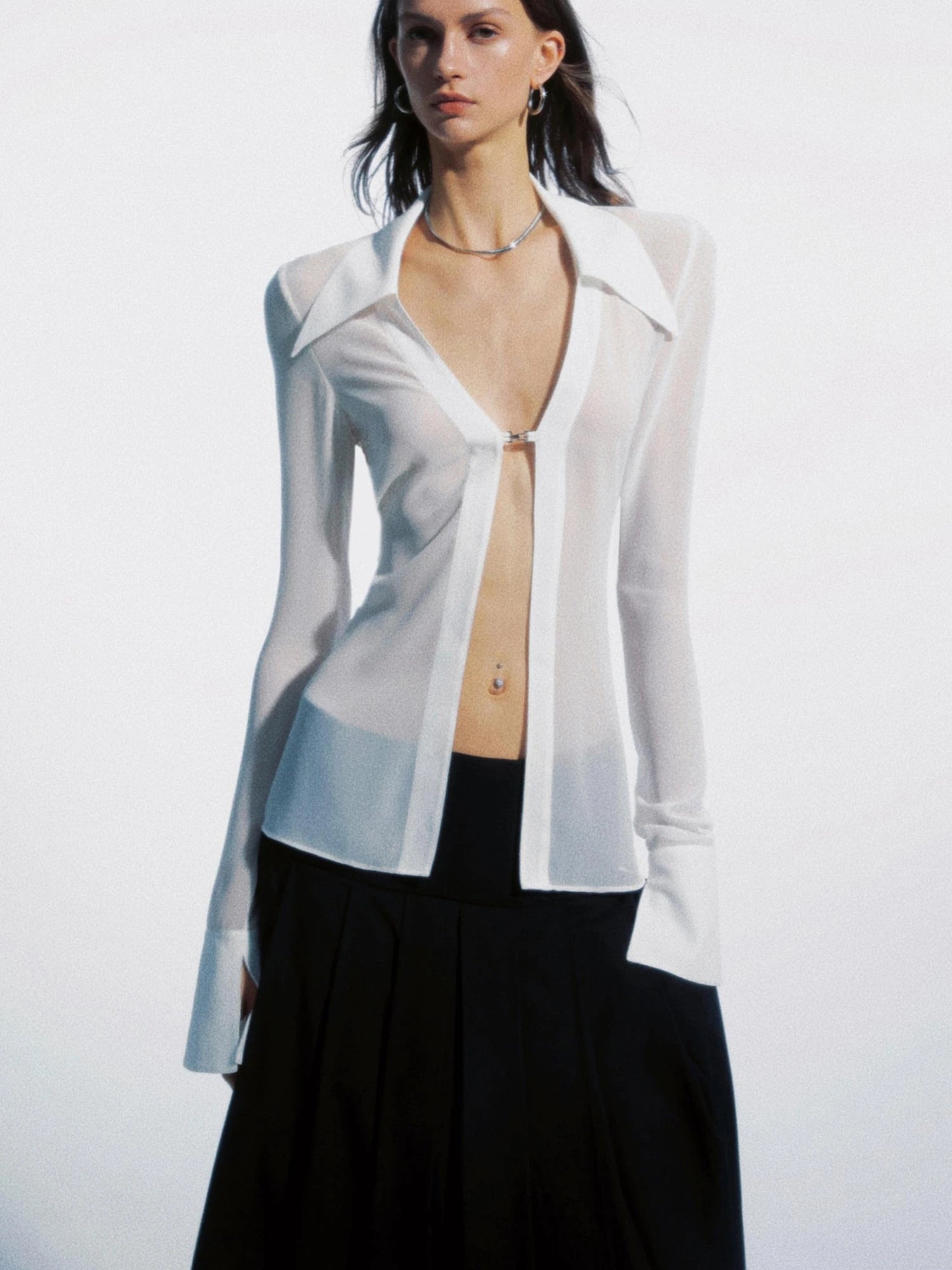 Sheer Clasp Waist Defining Metal Button Shirt