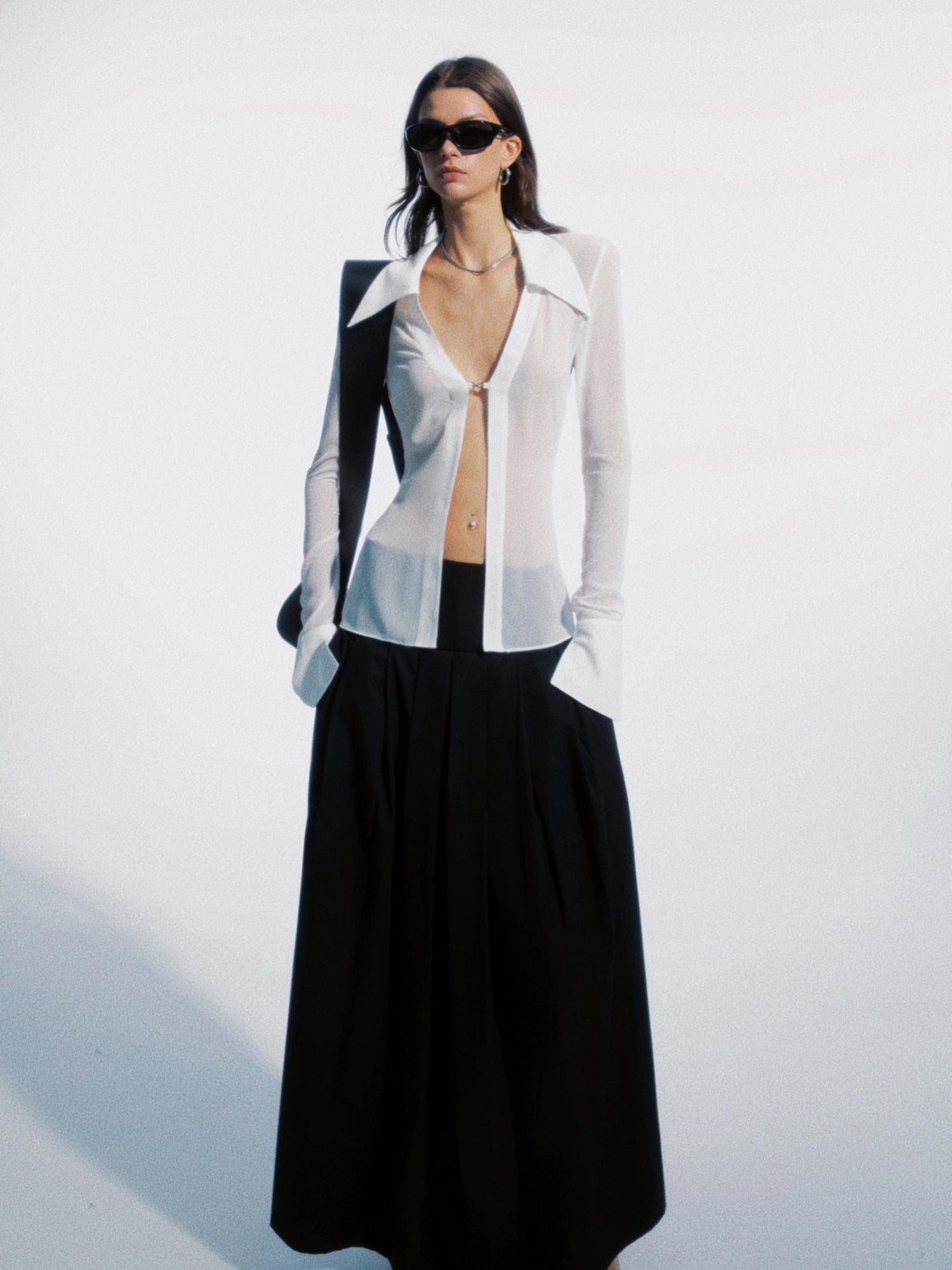 commonce net Sheer Clasp Waist Defining Metal Button Shirt