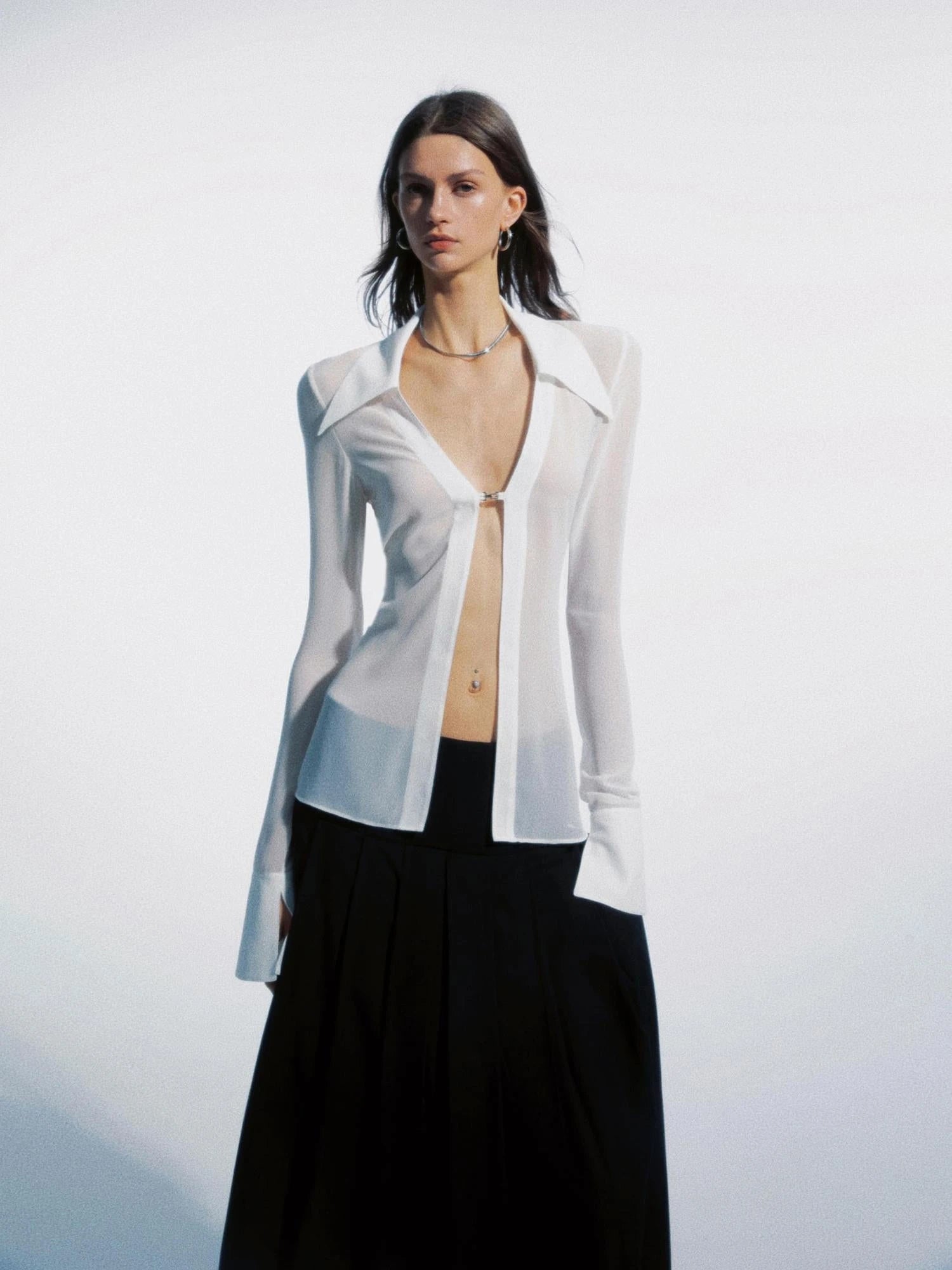 Sheer Clasp Waist Defining Metal Button Shirt