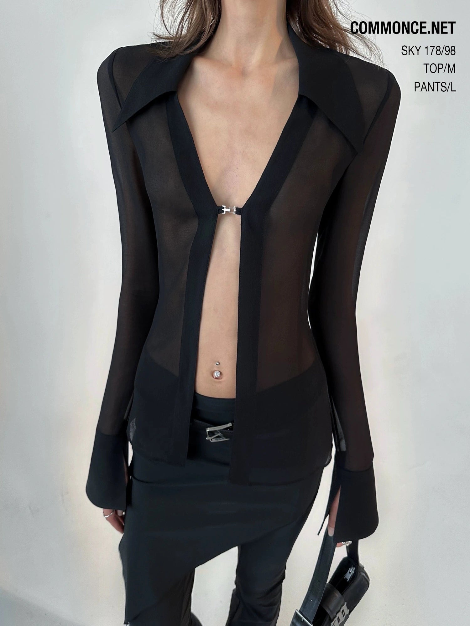 Sheer Clasp Waist Defining Metal Button Shirt