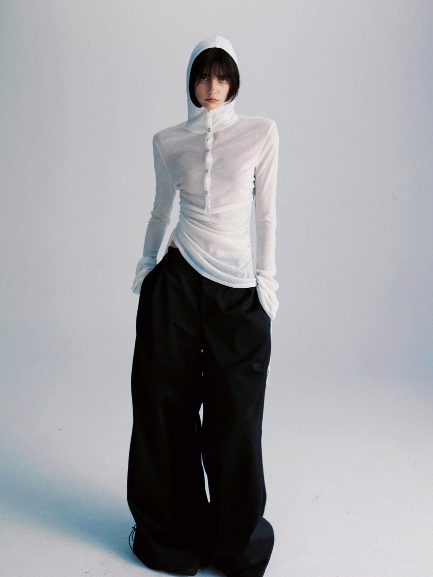 commonce net Sheer Ruched Drawstring Hooded Mockneck Women&