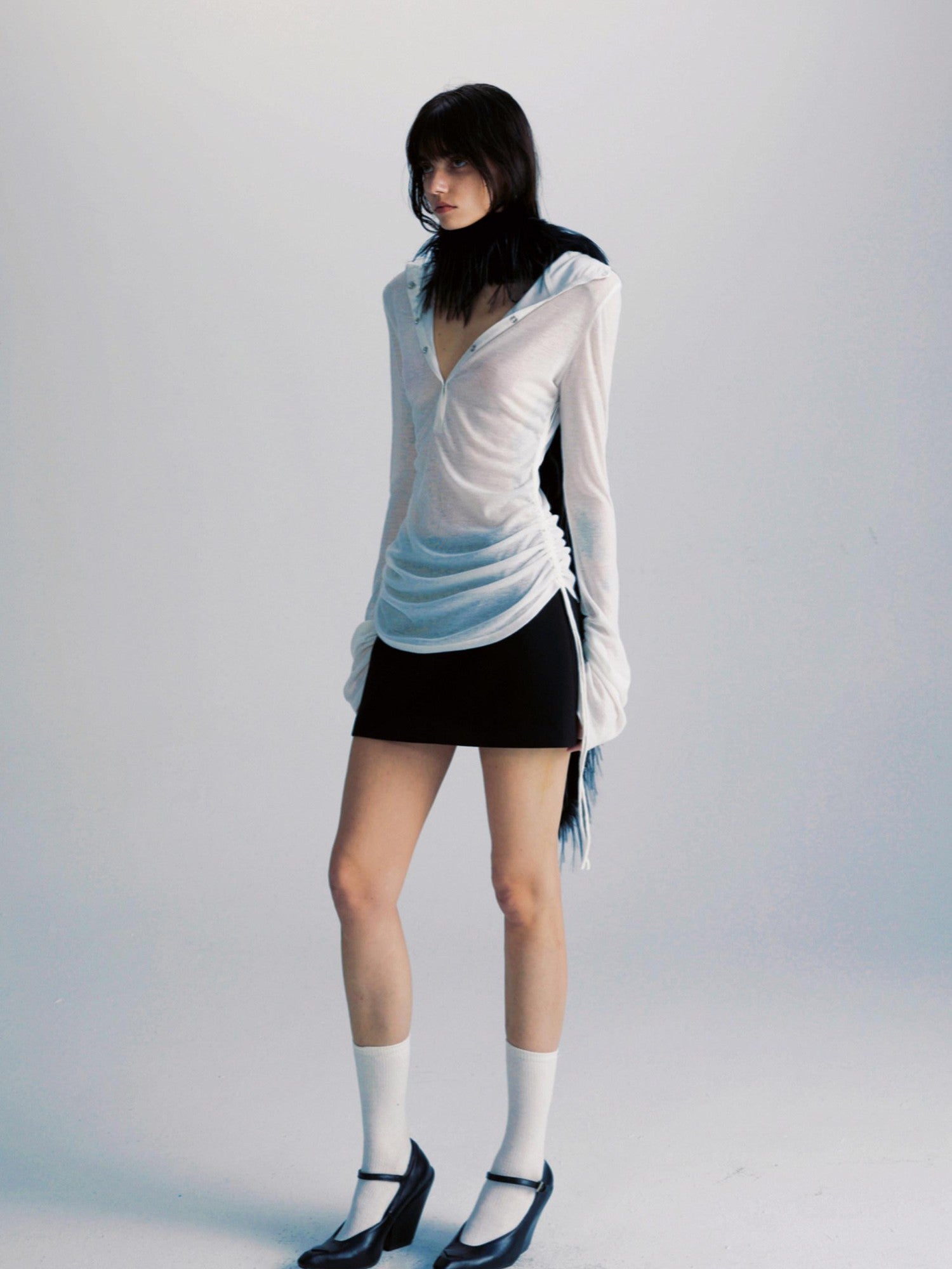 commonce net Sheer Ruched Drawstring Hooded Mockneck Women&