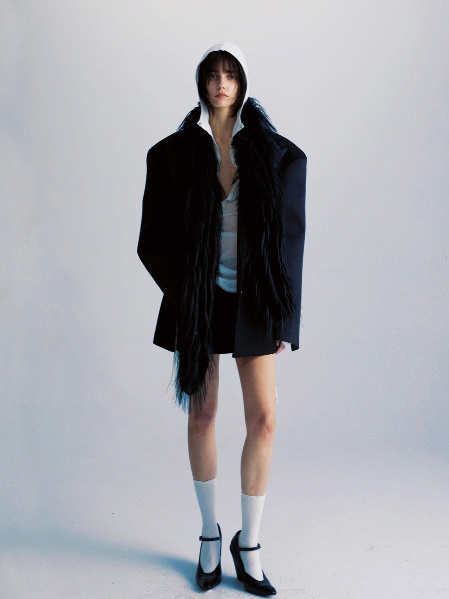 commonce net Sheer Ruched Drawstring Hooded Mockneck Women&