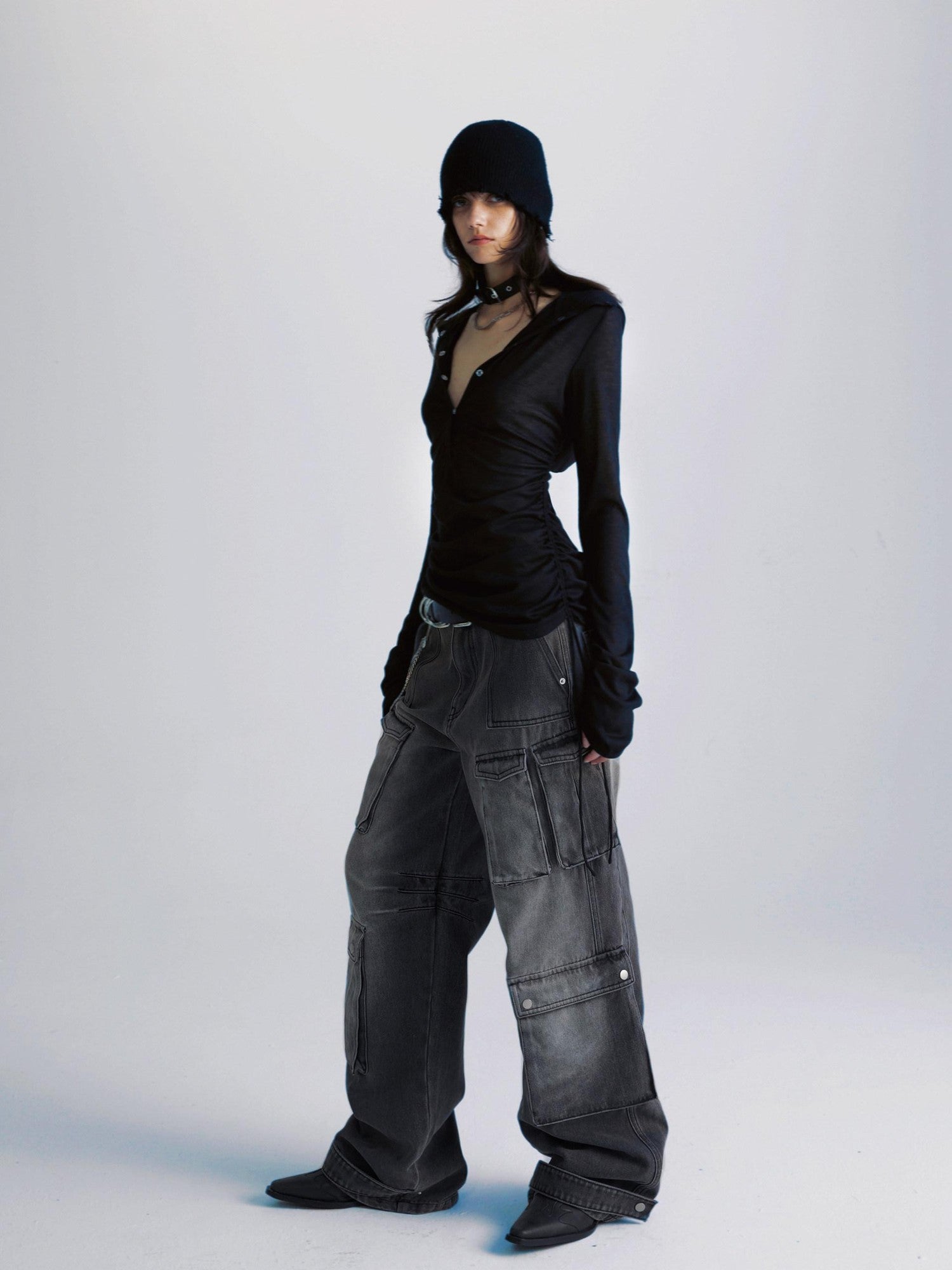 commonce net Sheer Ruched Drawstring Hooded Mockneck Women&
