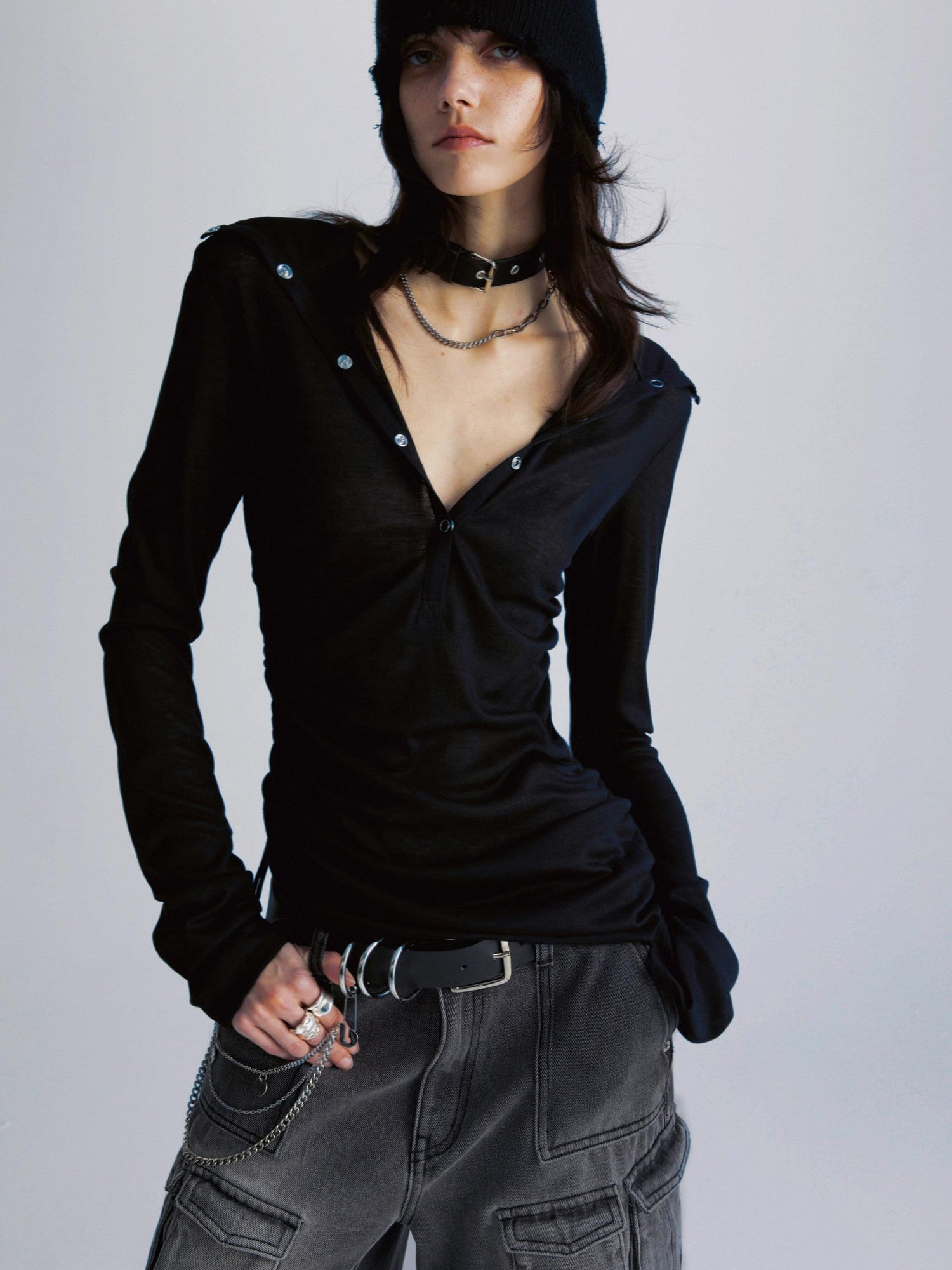 commonce net Sheer Ruched Drawstring Hooded Mockneck Women&
