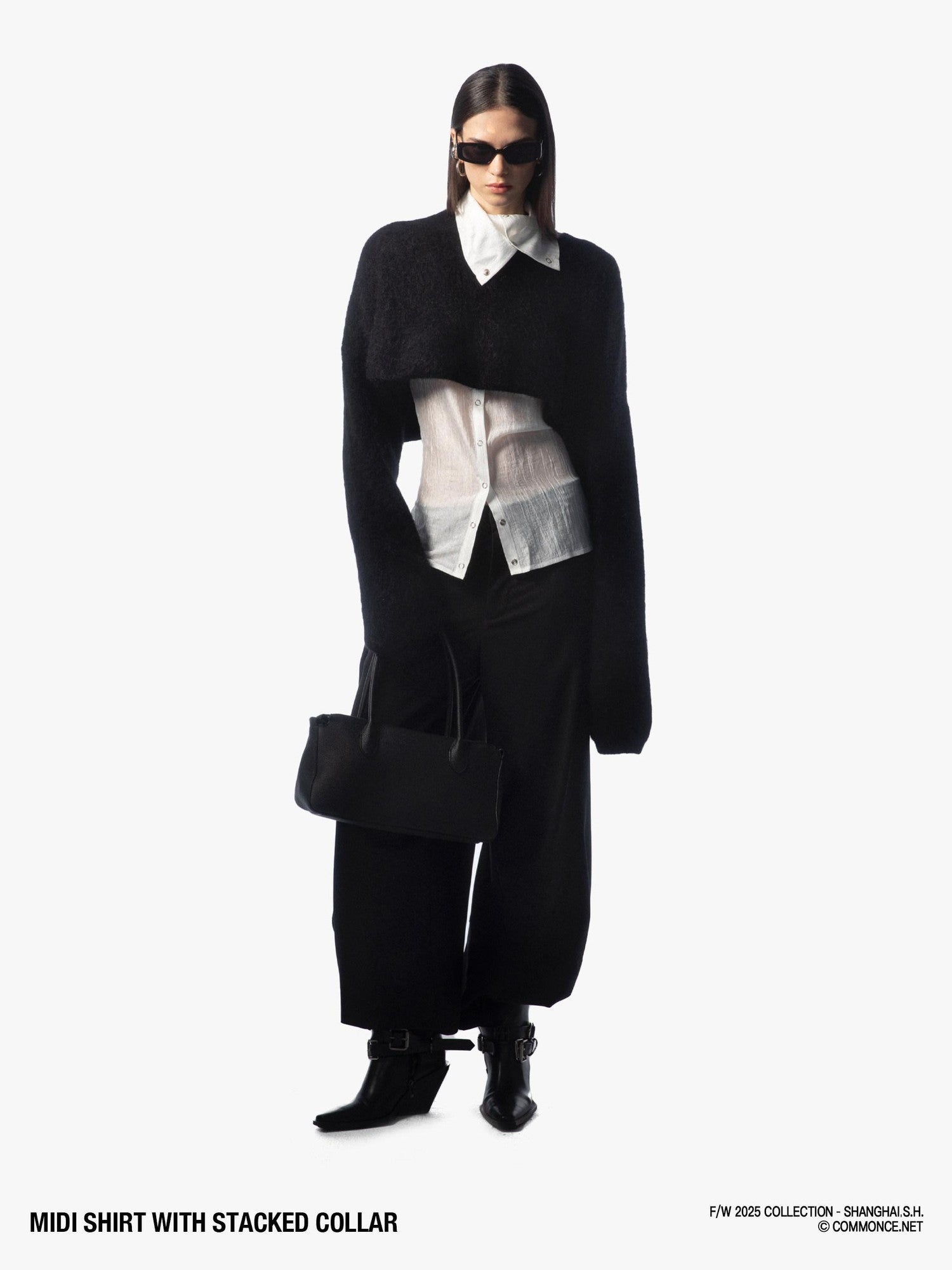 commonce net Sheer Ruched Stacked Collar Long Sleeve Mid Length Women&