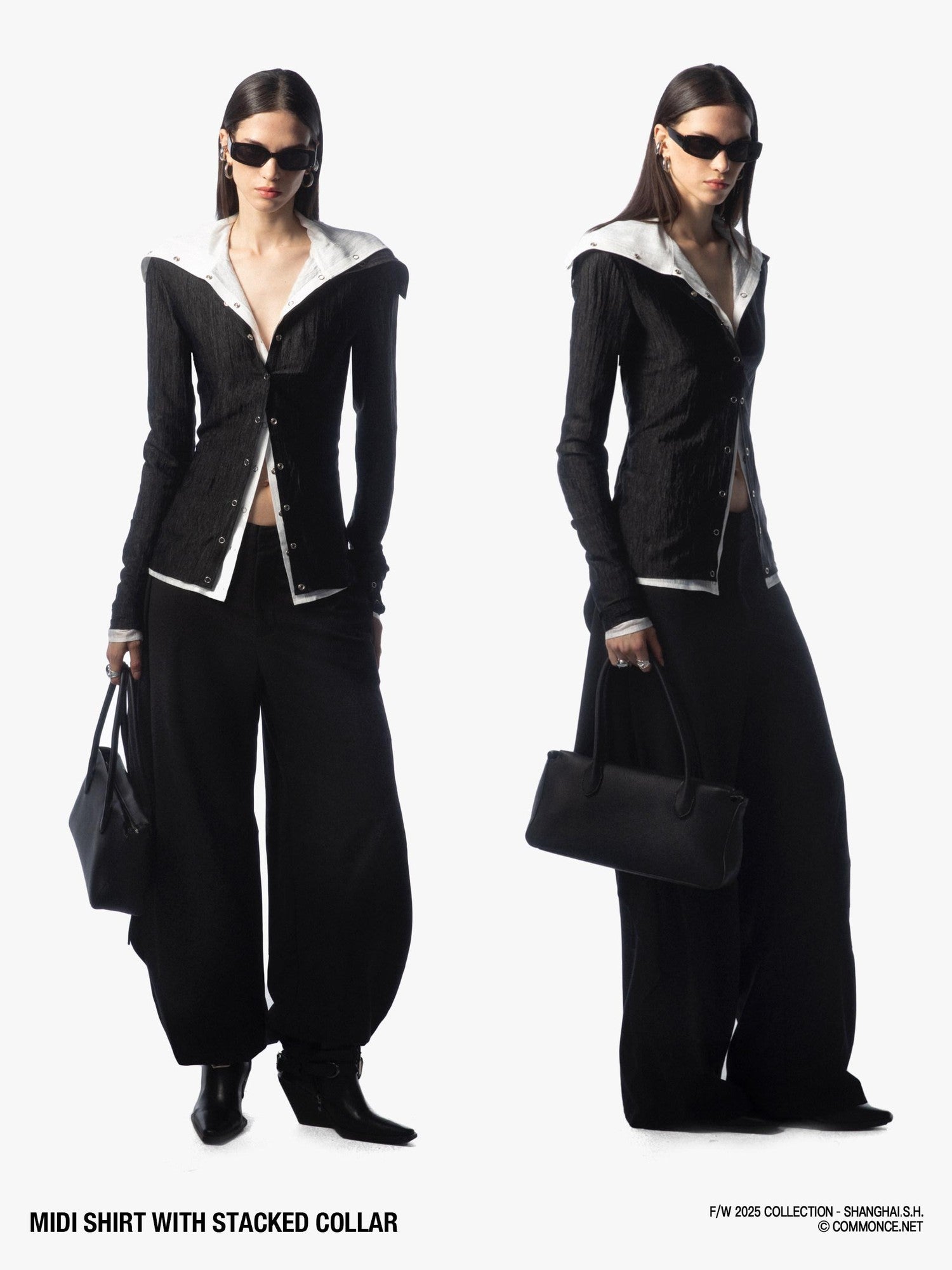 commonce net Sheer Ruched Stacked Collar Long Sleeve Mid Length Women&