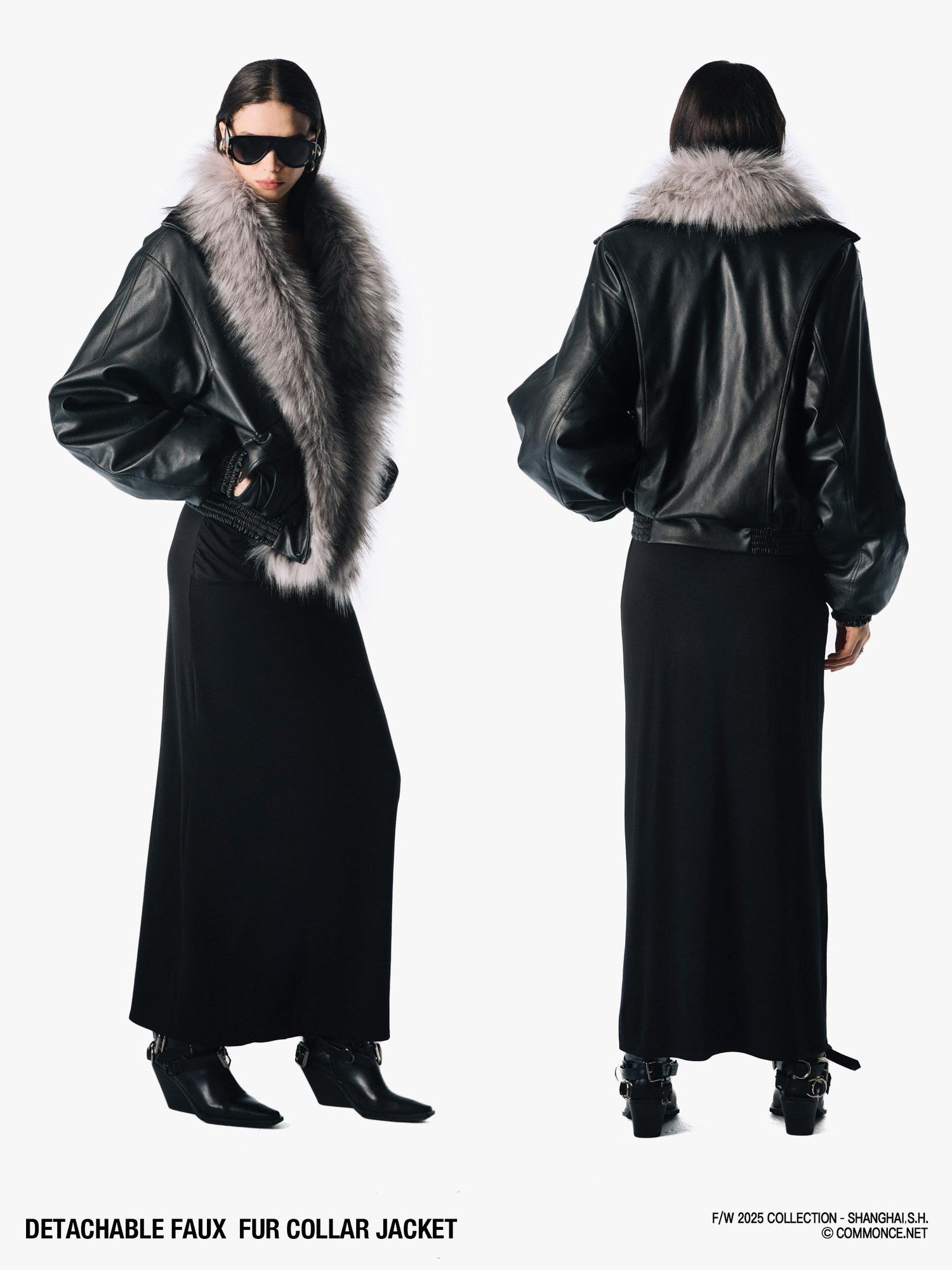 commonce net Solid Detachable Fur Collar Zip Front Women&
